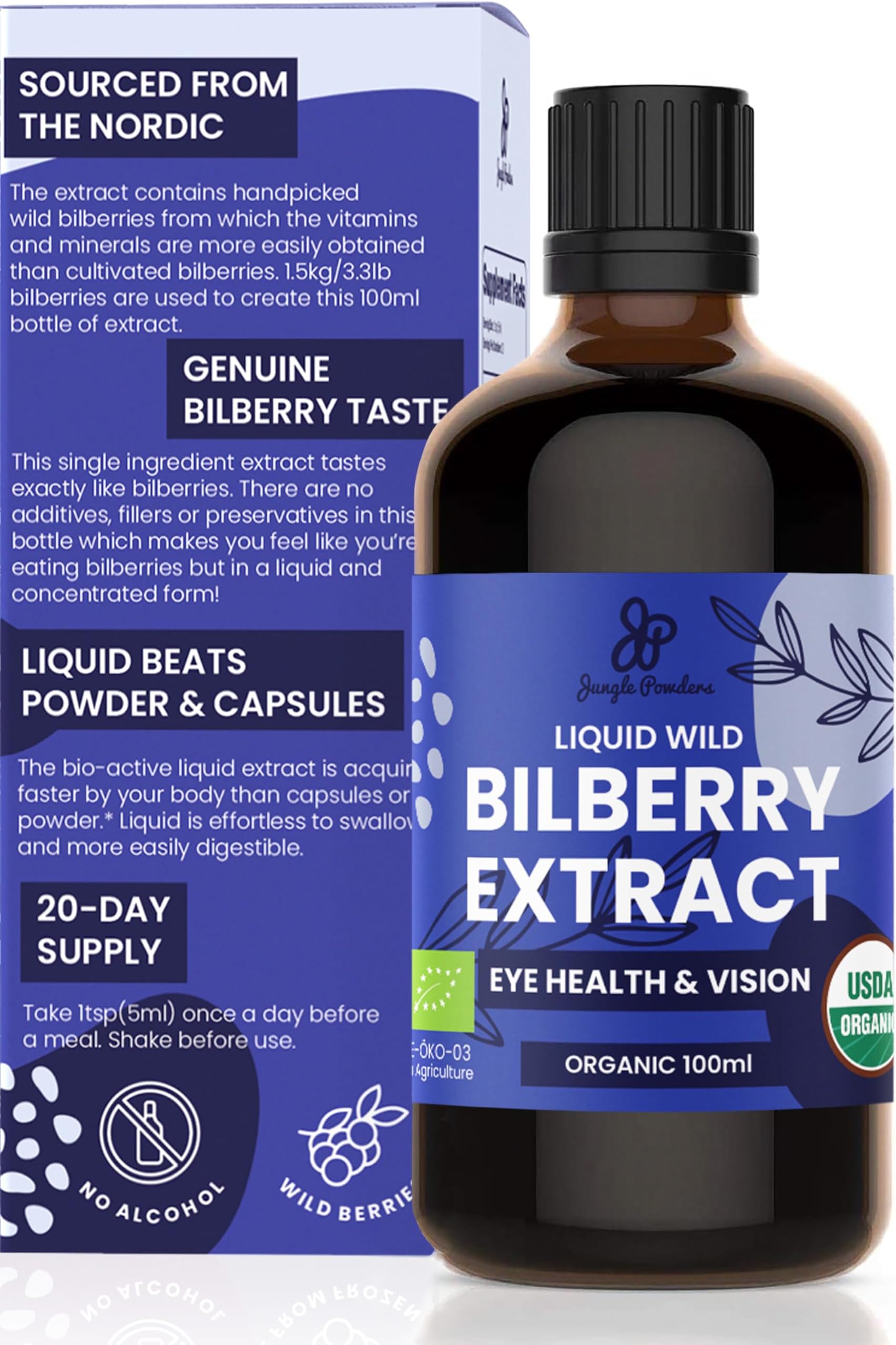 Jungle Powders Wild Bilberry Extract for Eyes USDA Organic 3.4oz Bottle of Liquid Bilberry Anthocyanin Alcohol-Free European Blueberry Bilberry Supplement for Eyes High Bioavailability Liquid Extract