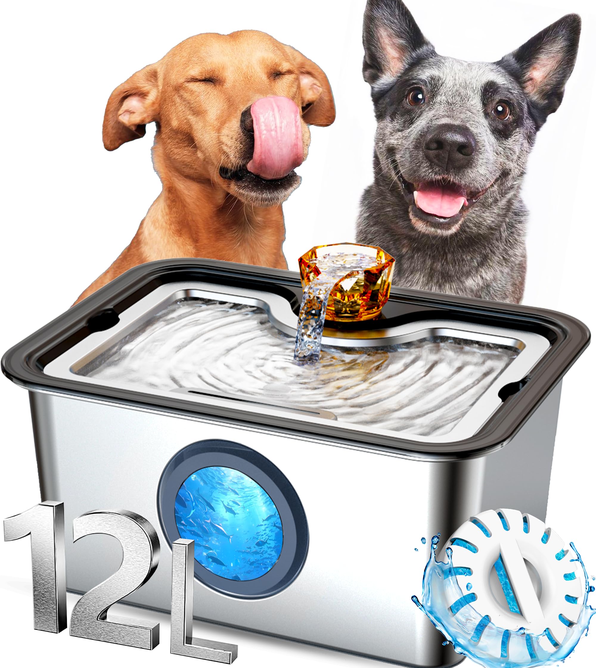 Stainless Steel Large Dog Water Fountain, 12L/ 3 Gallon Automatic Pet Drinking Fountain for Large Dogs or Multiple Pets, with Large Filter and Quiet Pump, No Spill, BPA-Free