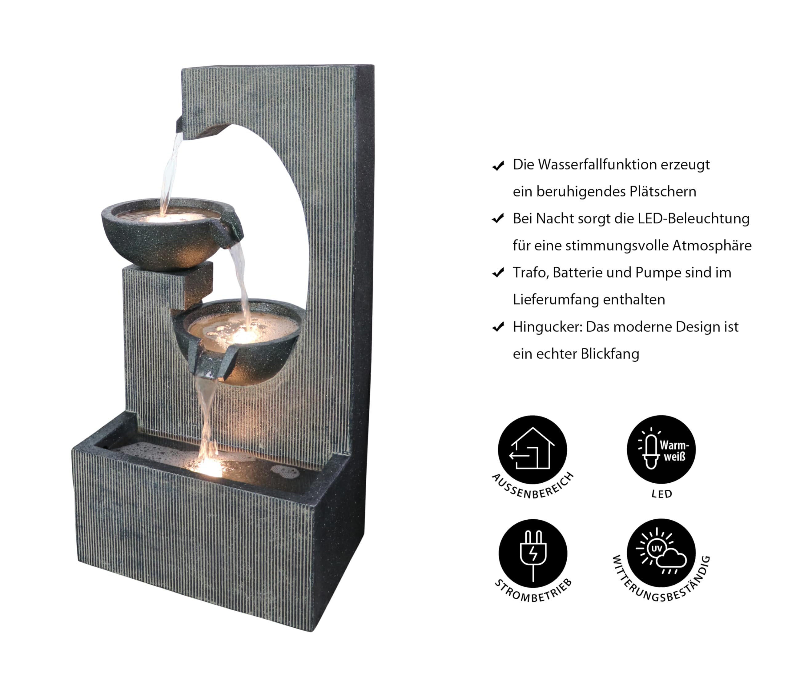 Dehner Gartenbrunnen Lorca, Outdoor-Brunnen, mit LED-Beleuchtung, solarfähig, ca.45x81x32 cm, Polyresin, grau