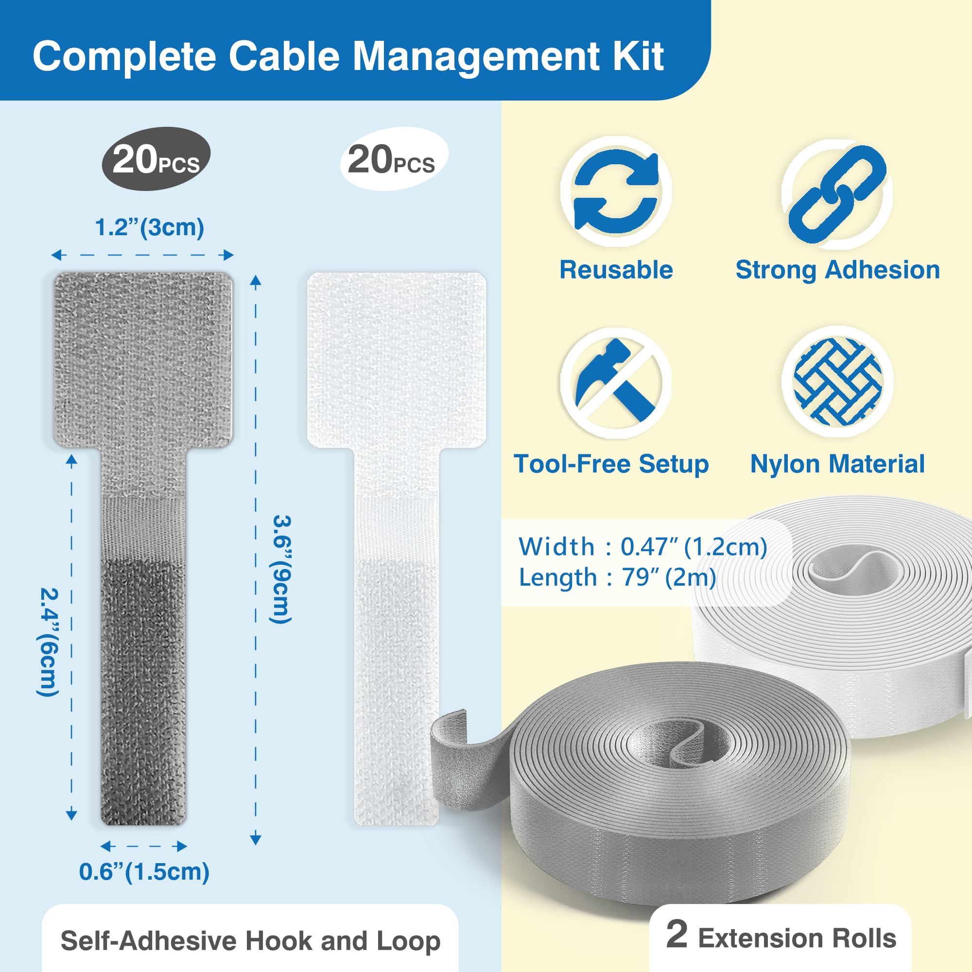 Selbstklebende Klett-Kabelbinder mit 2 Rollen Verlängerungsgurten – Kabel-Organizer mit klebender Rückseite für Kabelmanagement unter dem Schreibtisch, Nylon-Draht-Organizer für Zuhause und Büro,