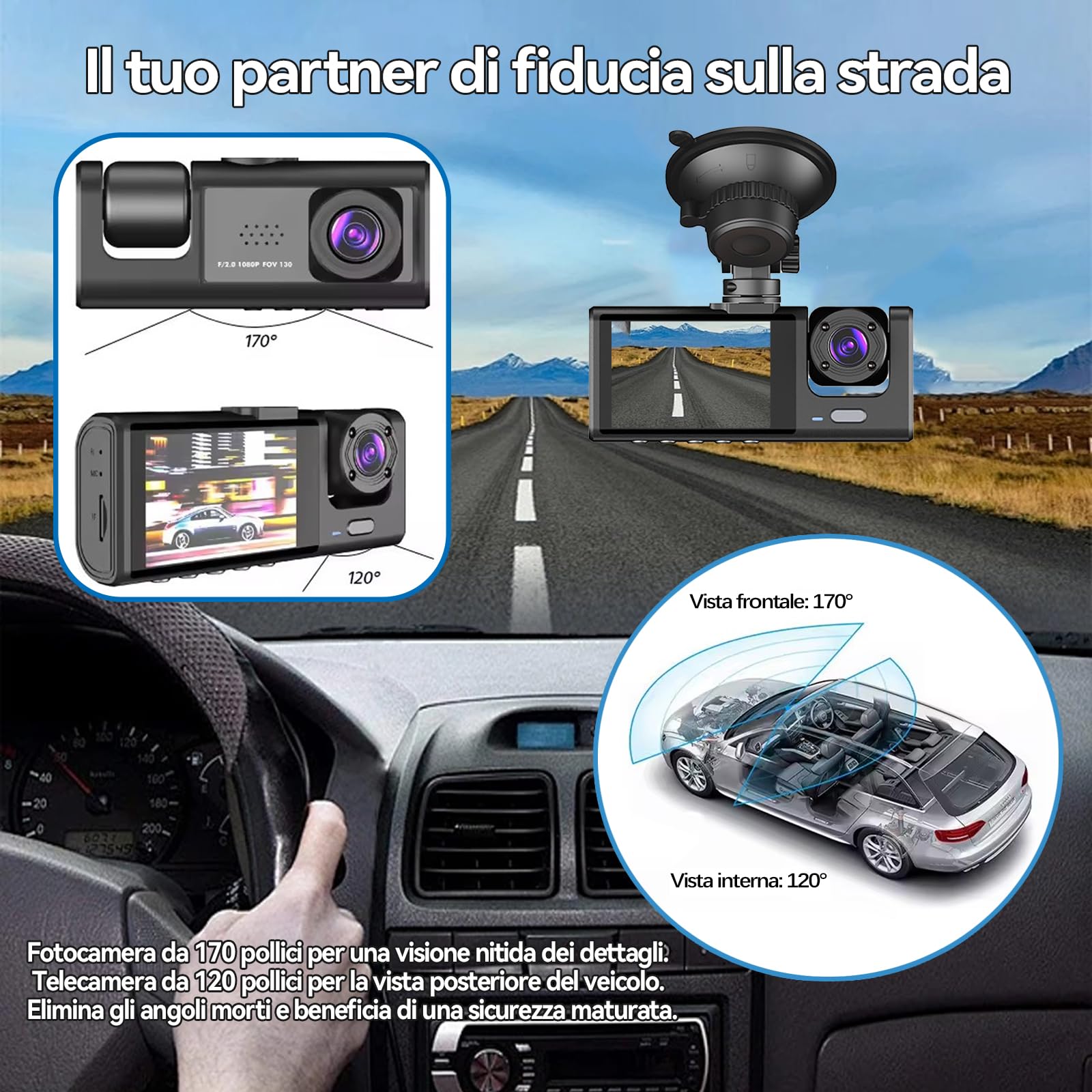 3 Channel 1080P Dash Cam with APP Control, 5GHz WiFi, Card Included 32GB SD, 170° Wide Angle, Loop Recording, G-Sensor, 24H Parking Mode — view 4