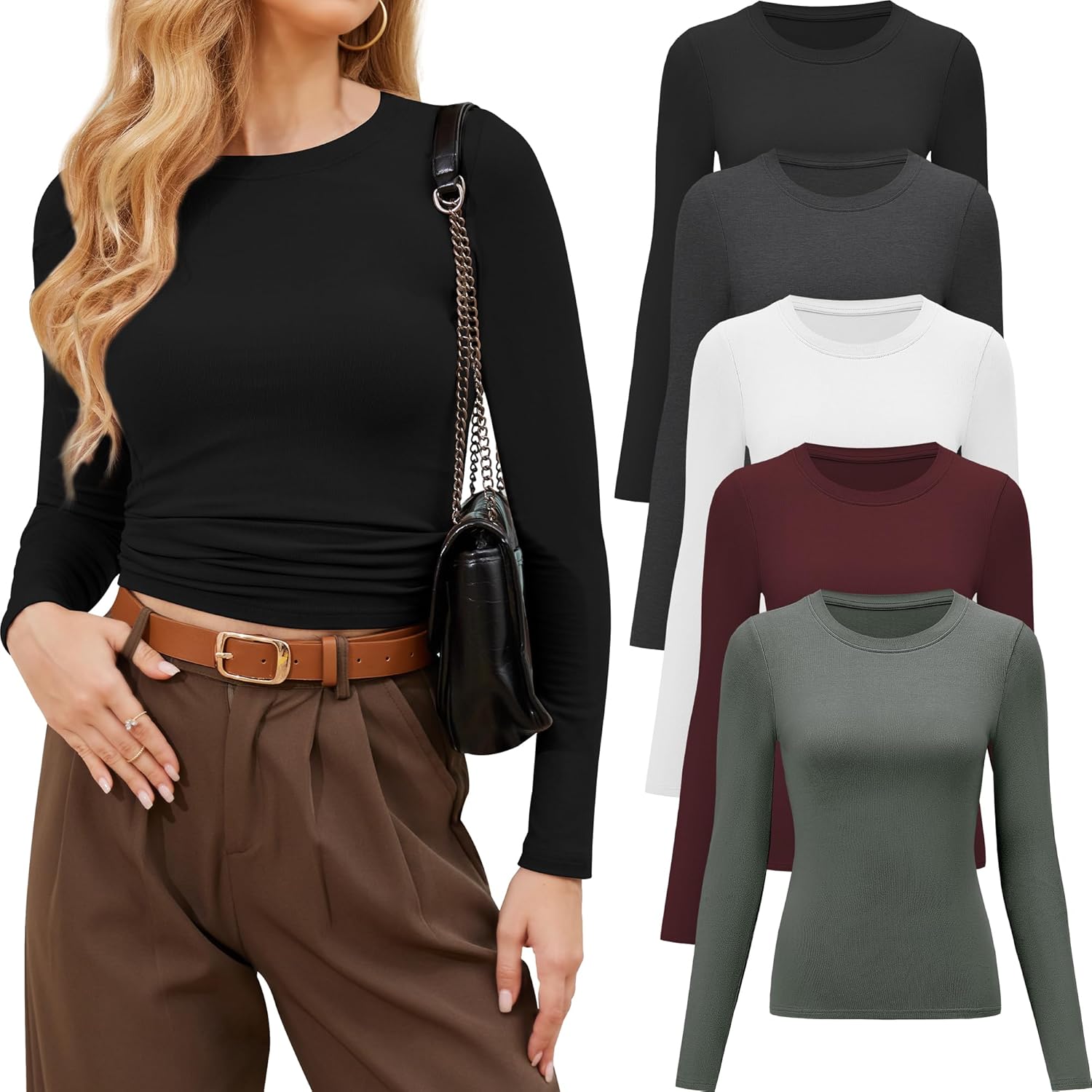 CE' CERDR 3/5 Pack Womens Long Sleeve Shirts Crew Neck Basic Tees Tight Fitted Casual Going Out Stretchy Slim Tops