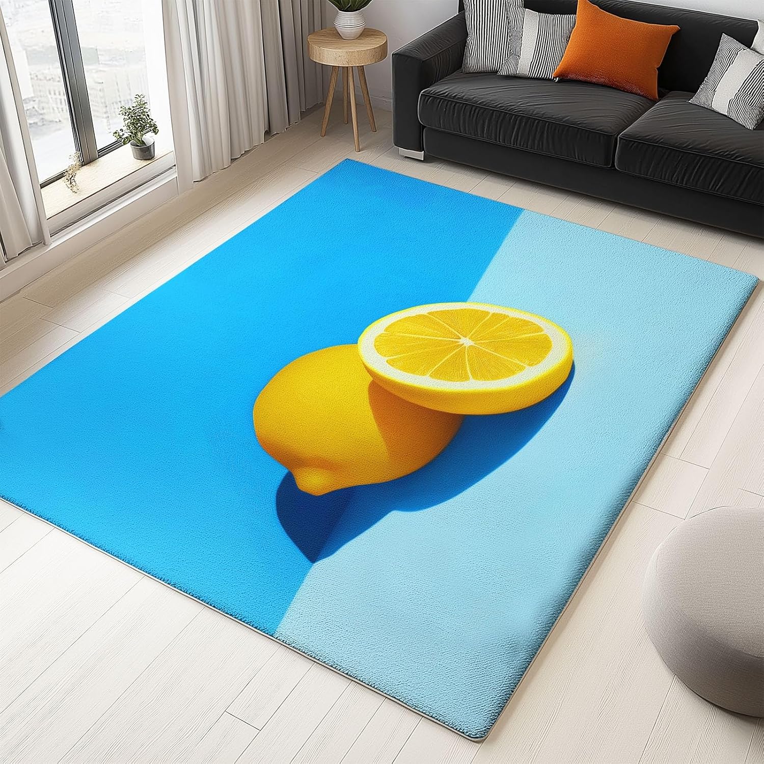 Machine Washable Area Rugs for Bedroom, 2'x3' Living Room Rug Minimalist Fruit Lemon Non Slip Low Pile Faux Wool Soft Carpet for Dining Room Bedside Kitchen Entryway, Blue