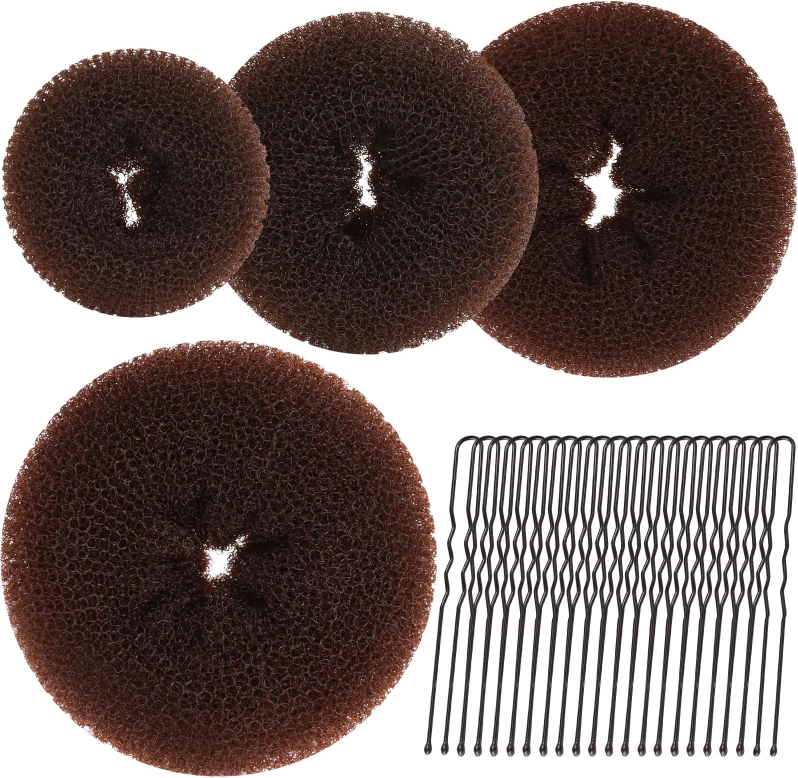 Brown Hair Donut, Teenitor 4 Sizes Donut Bun Maker with 20pcs 7cm Brown Bobby Pins, Extra-large & Large & Medium & Small Hair Bun Ring Style as Ballet Bun Kit for Dancer Ballerina Chignon Doughnut