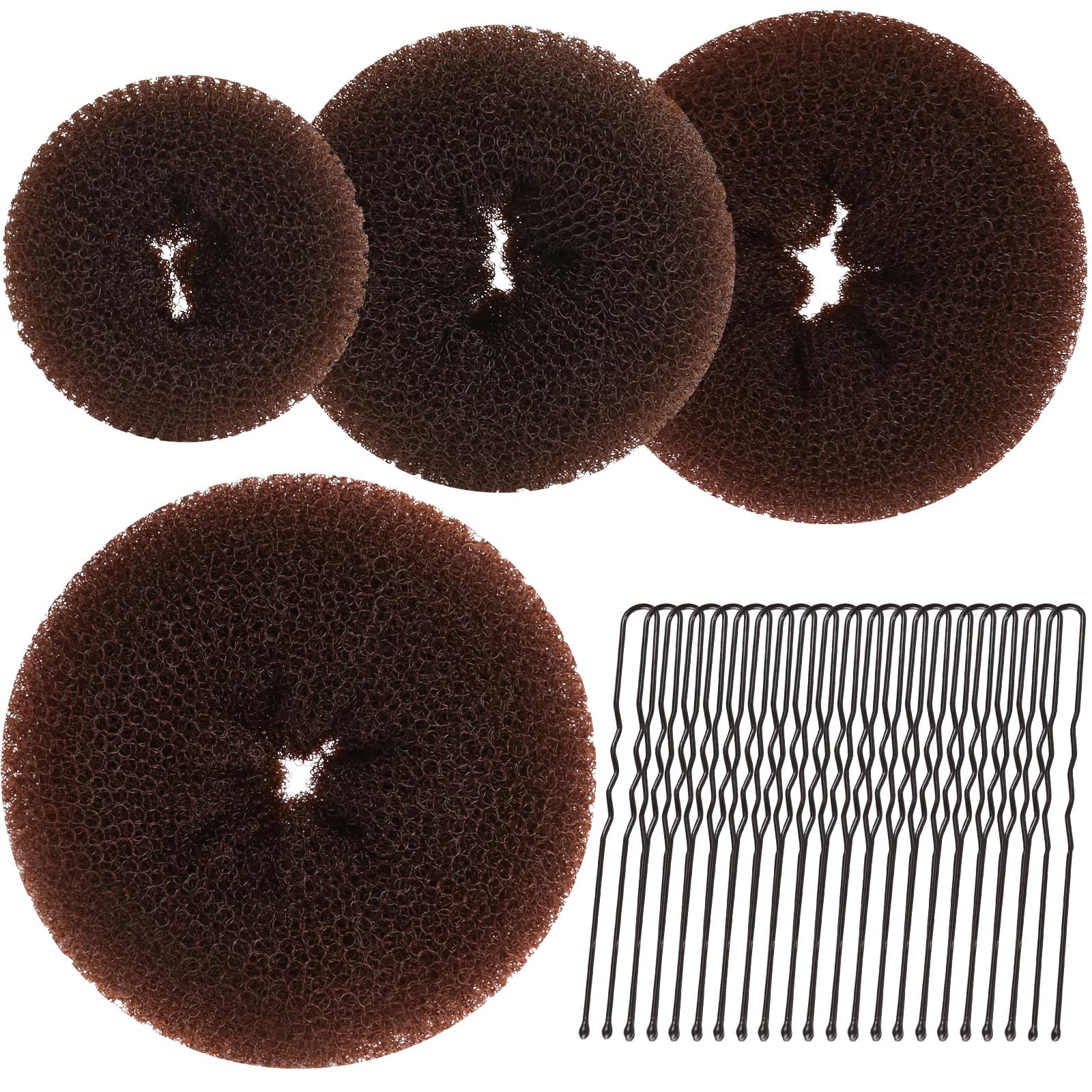 Brown Hair Donut, Teenitor 4 Sizes Donut Bun Maker with 20pcs 7cm Brown Bobby Pins, Extra-large & Large & Medium & Small Hair Bun Ring Style as Ballet Bun Kit for Dancer Ballerina Chignon Doughnut