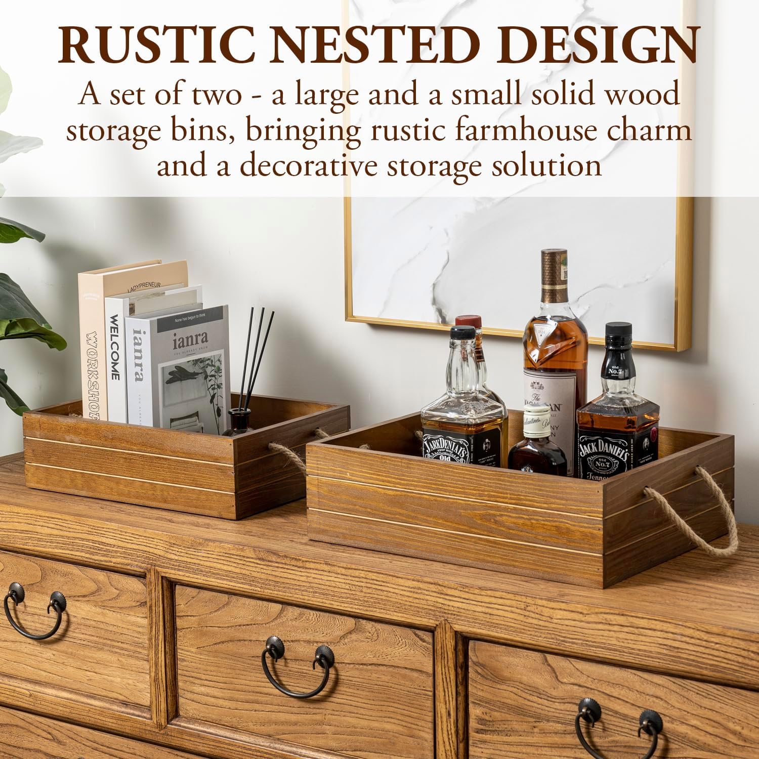 MyGift 15 Inch Rustic Burnt Solid Wood Decorative Nesting Storage Bin with Rope Carrying Handles, Weathered Wooden Pallet Design Crate, Farmhouse Style Open Top Box, 2 Piece Set