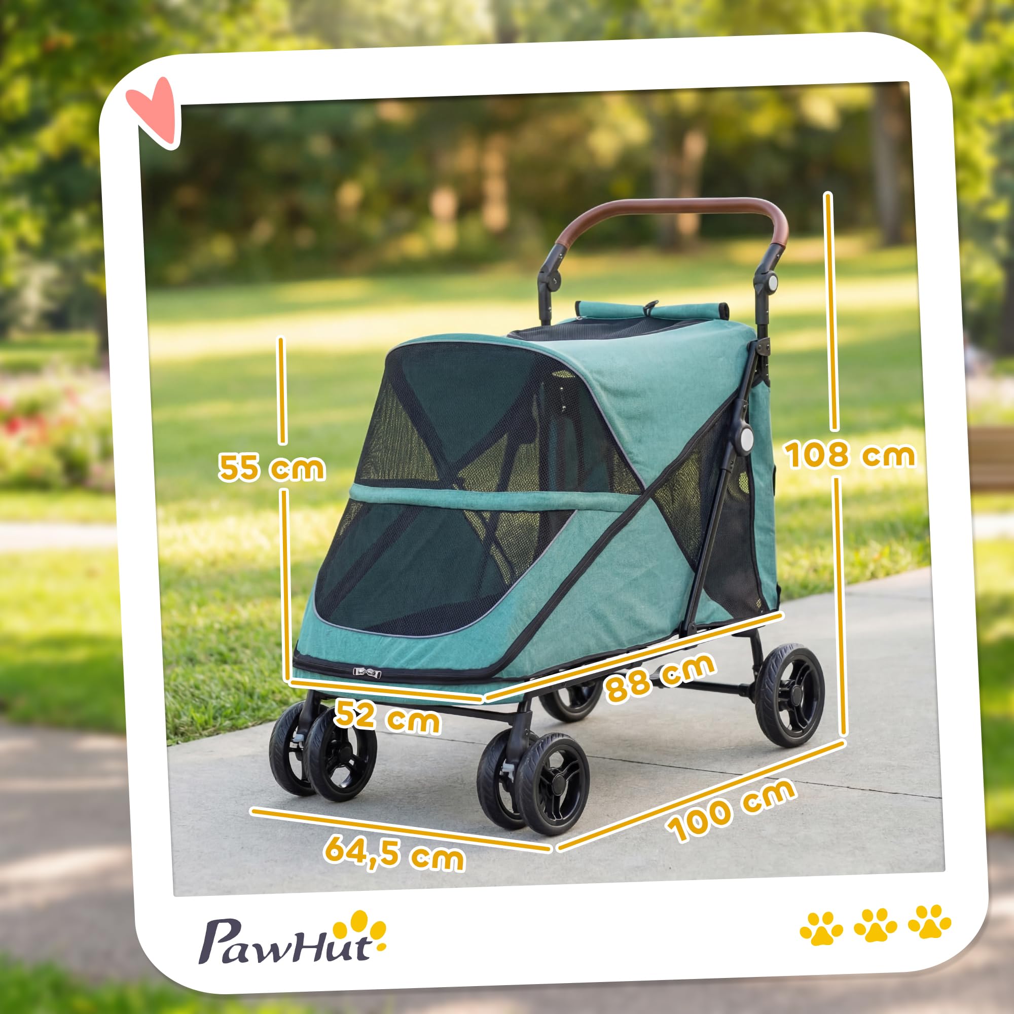 PawHut Carrito para Perros y Gatos Grande Plegable con un Botón hasta 30 kg, Cochecito para Perros Medianos y Grandes, Suspensión 4 Ruedas, Giratorio, Freno de Pie, Cojín Lavable, Turquesa
