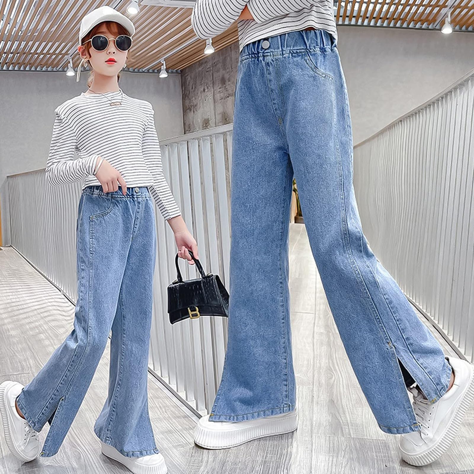Rolanko Pantalones de mezclilla para niñas, cintura elástica, pierna ancha, holgados, ropa para niños de 4 a 14 años