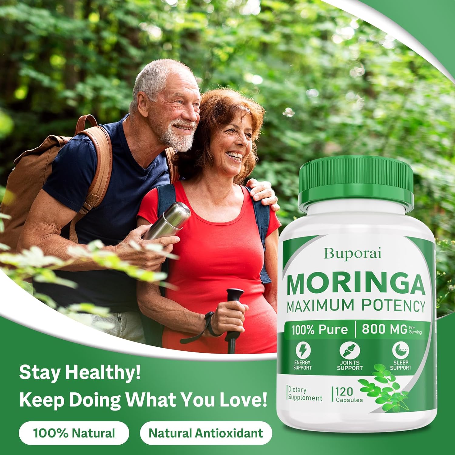 Moringa Capsules, Pure Moringa Powder Organic 800 mg, 120 Vegan, Skin Health,Energy, Immune Support, Non-GMO, Natural Green Antioxidant - Image 2