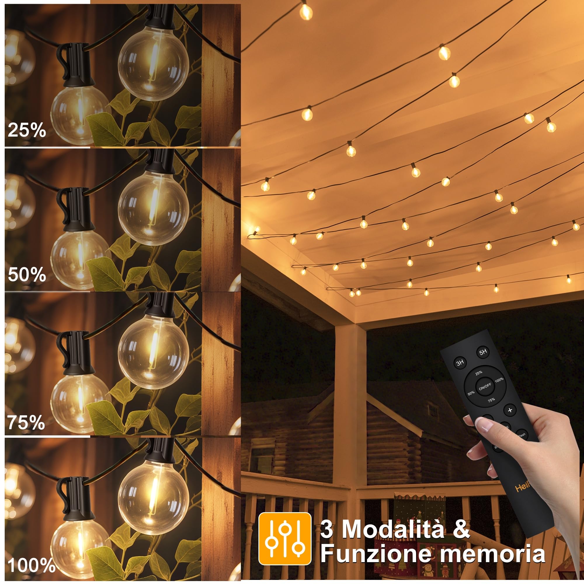 HeiPard Catena luminosa a LED Solare per Esterni, 10m, 16 + 1 G40, Dimmerabile, 3 Modalità, Telecomando per esterni, Resistente alle Intemperie, Luce Bianca Calda, Impermeabile, per giardino, balcone
