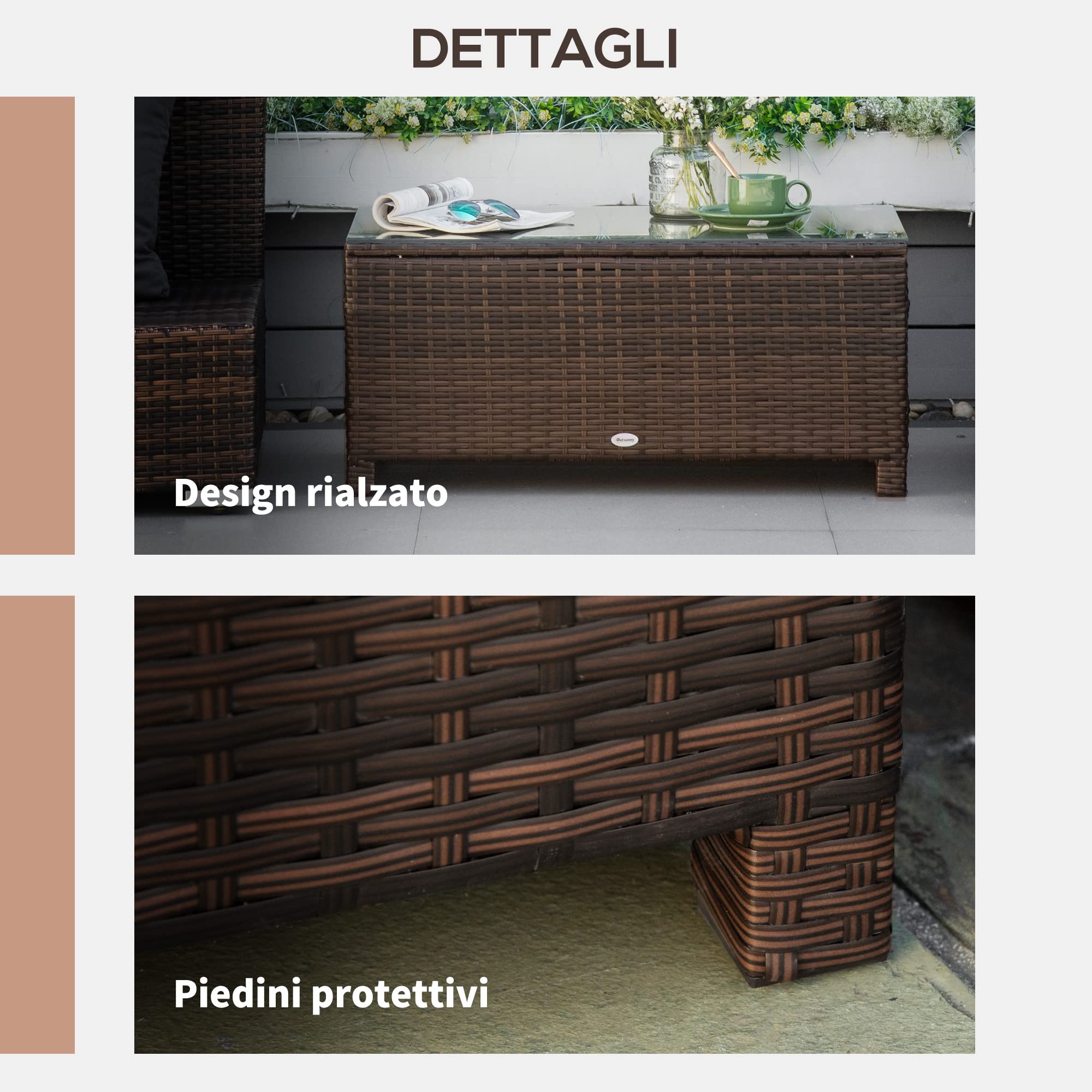 Outsunny Tavolino da Giardino in Vetro Temperato Rettangolare 85 x 50 x 39 cm Marrone