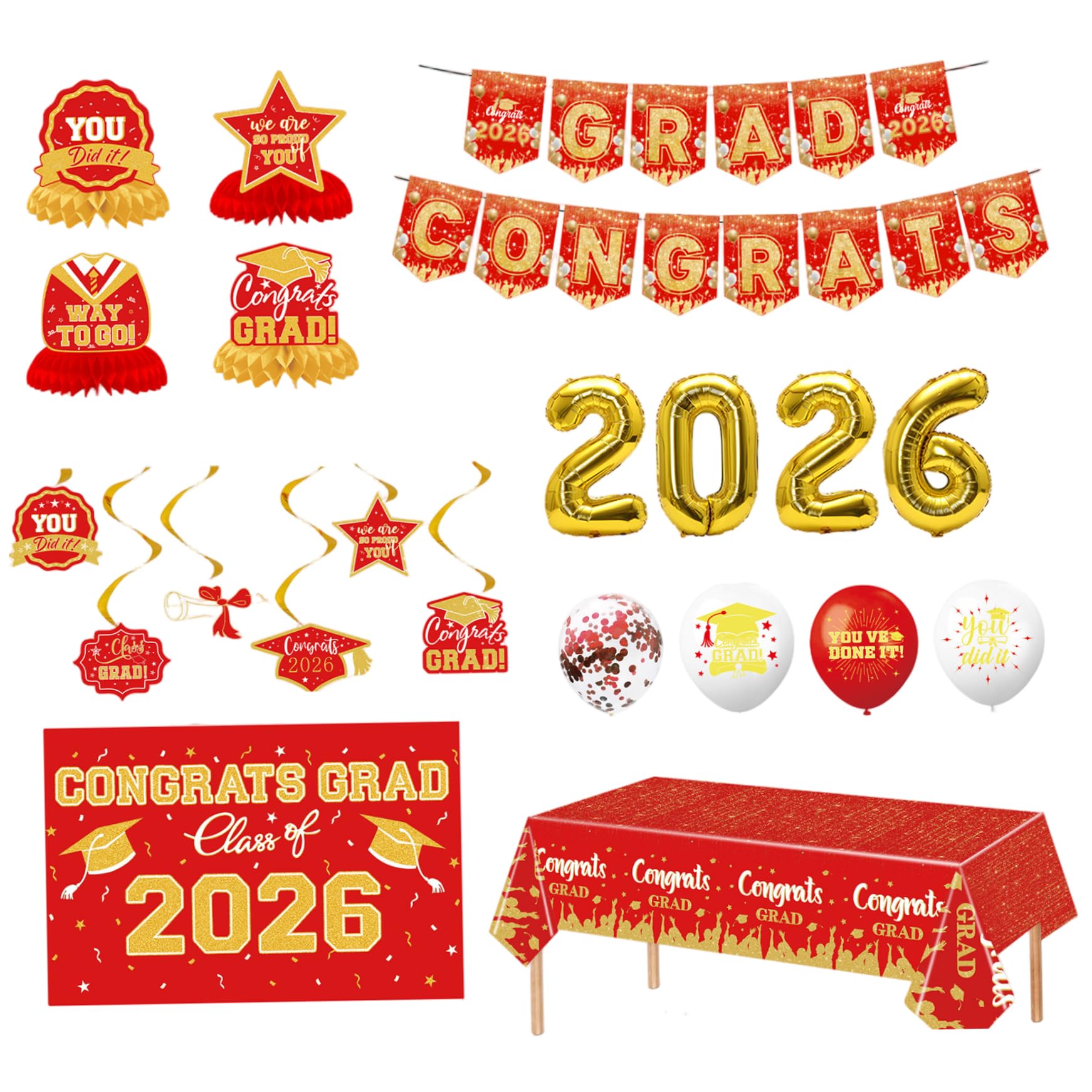 Decoraciones de Graduación 2026 juego de 7 piezas con banner fondo y globos rojo y dorado