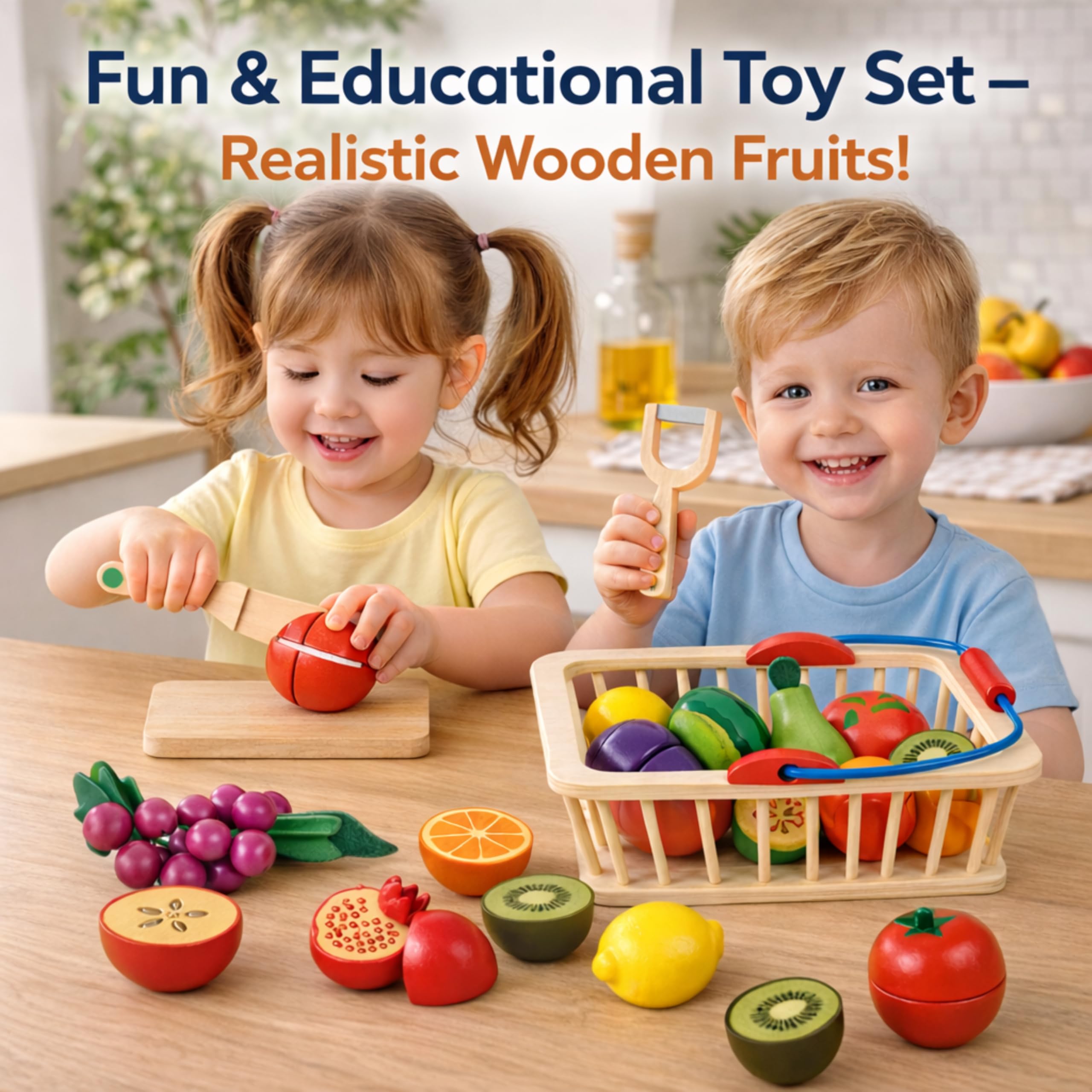 RITHVI STORE Wooden Fruits Cutting Toys for Kids, Pretend Play Toy Set for Boys and Girls, Wooden Food Basket with Knife & Peeler, Educational Montessori Toy Gift for 3+ Years 4