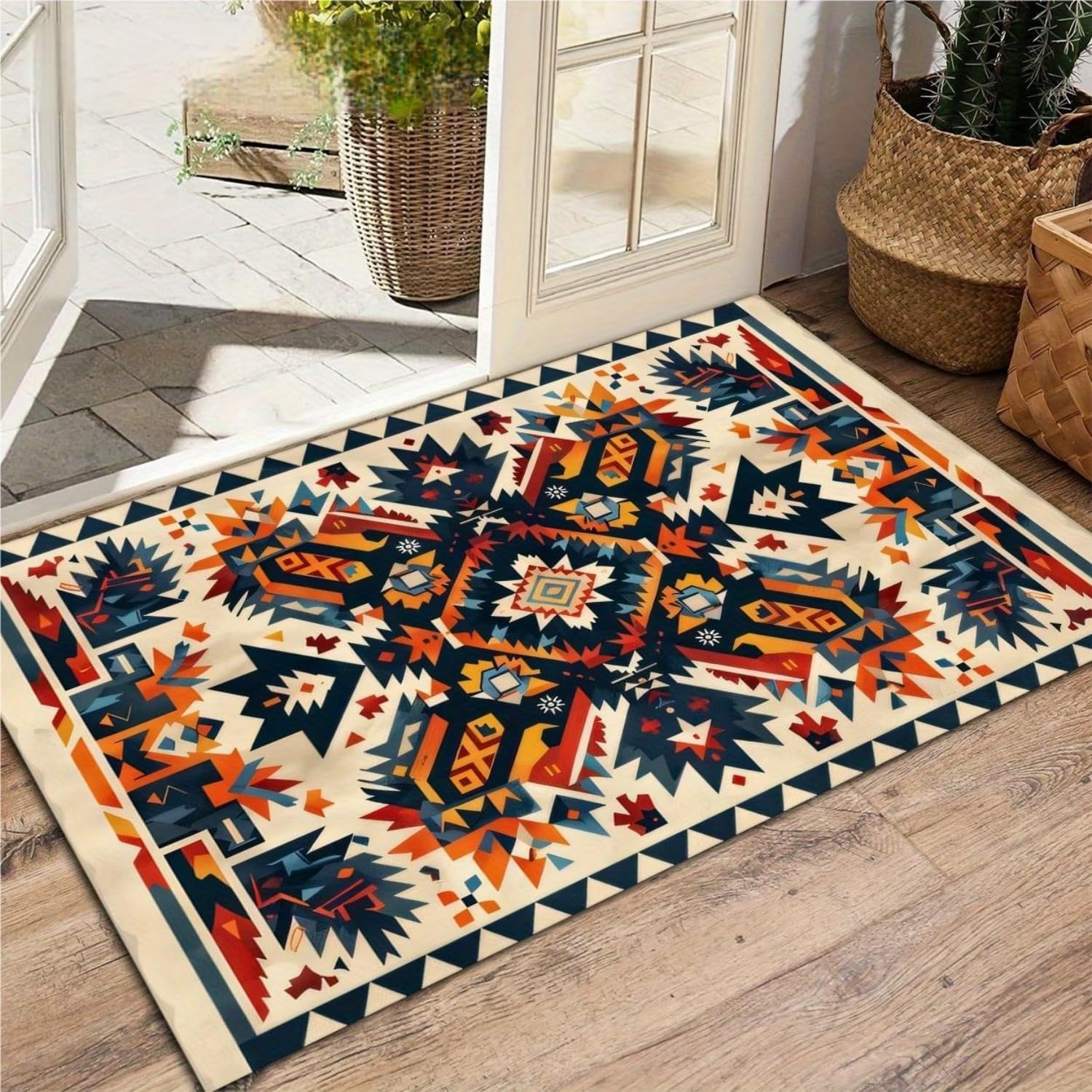 Bohemian Area Rug,180x300cm Southwest American Indigenous Tribal Style Geometric Checkered Distressed Carpet, Washable, Colorfast, Soft, Non-Slip, Large Living Room Rug for Dormitories, Offices