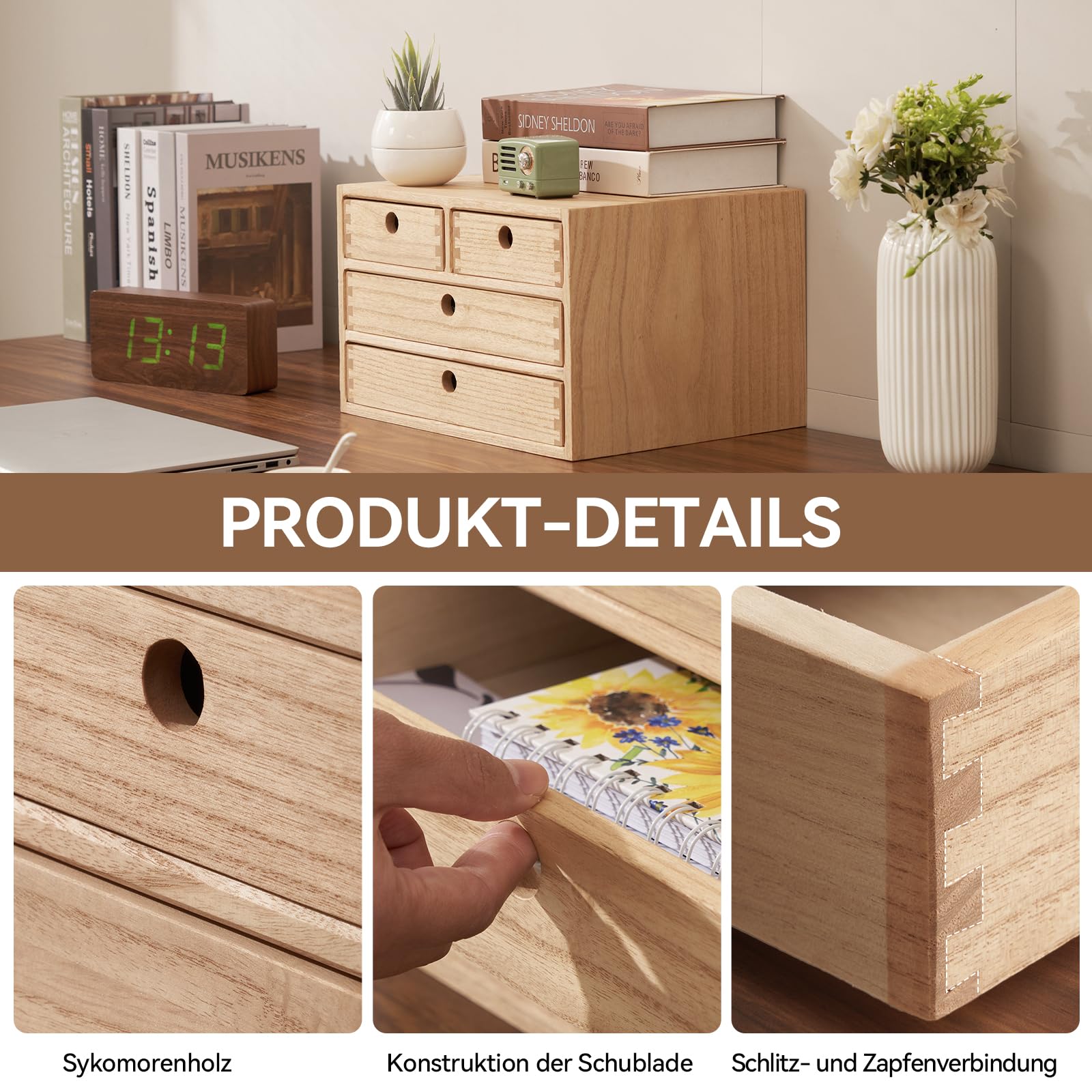 KIRIGEN Schreibtisch-Organizer aus Paulownia-Holz, 35 x 27 x 21,5 cm, Schubladenbox mit 4 Schubladen, stapelbare Dokumentenablage für A4-Papier, Büro und Homeoffice Natur