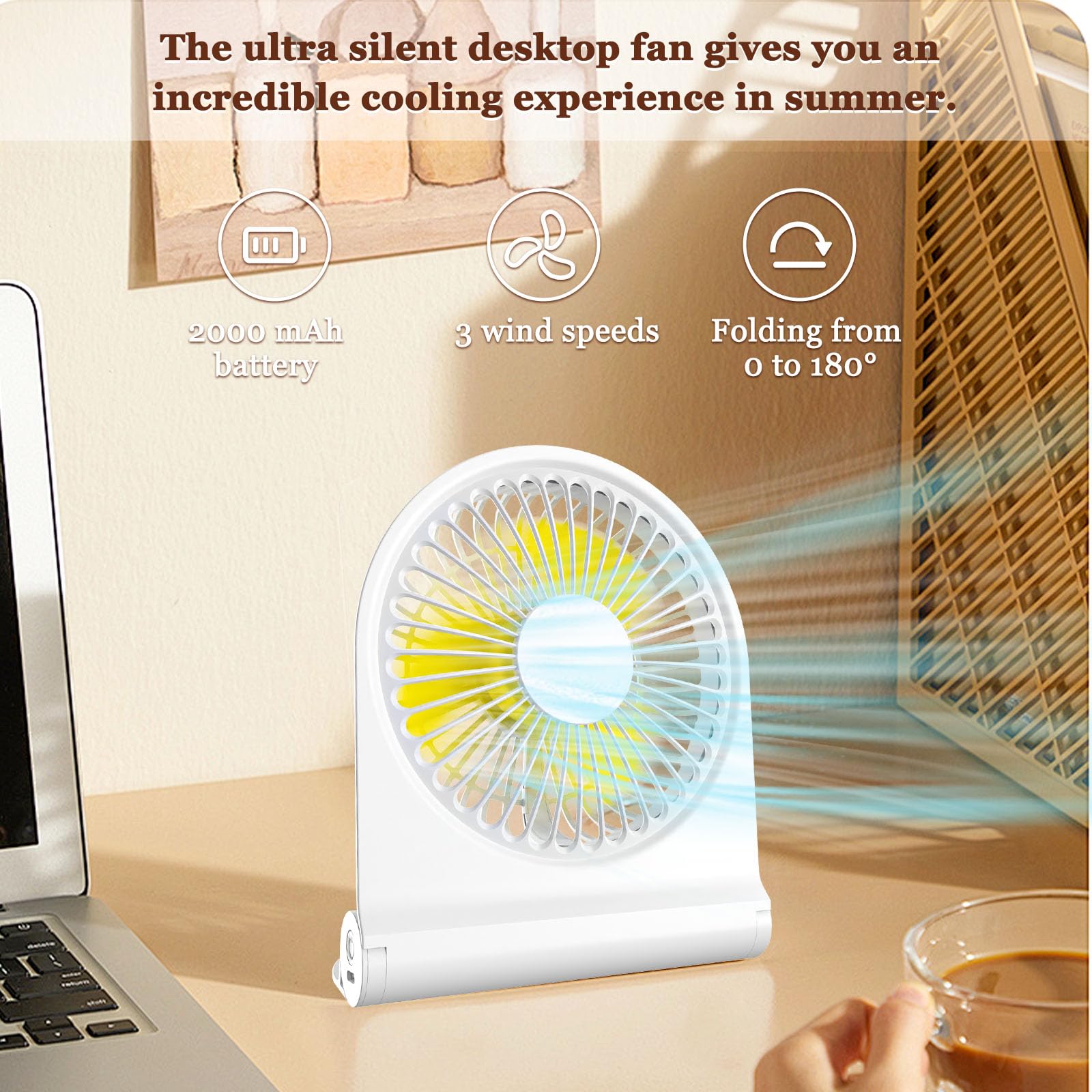 CATGIFF Ventilateur De Bureau Silencieux Portable - Rotation 180°, 3 Vitesses, Batterie 2000mAh, Mini Ventilateur USB Pliable Pour Maison, Bureau Et Voyage