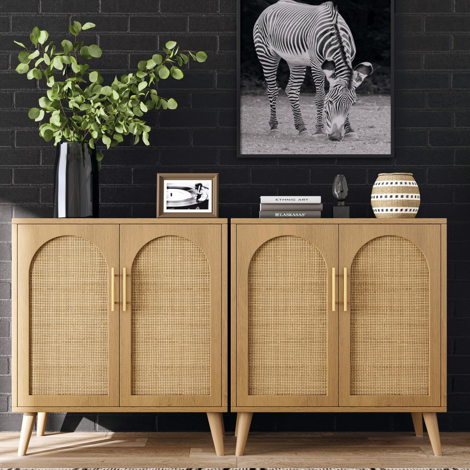 Rovaurx Set of 2 Rattan Storage Cabinet with Doors, Accent Bathroom Floor Cabinet, Modern Sideboard Buffet for Living Room, Entryway, Dining Room and Kitchen, Natural BMGZ108M02