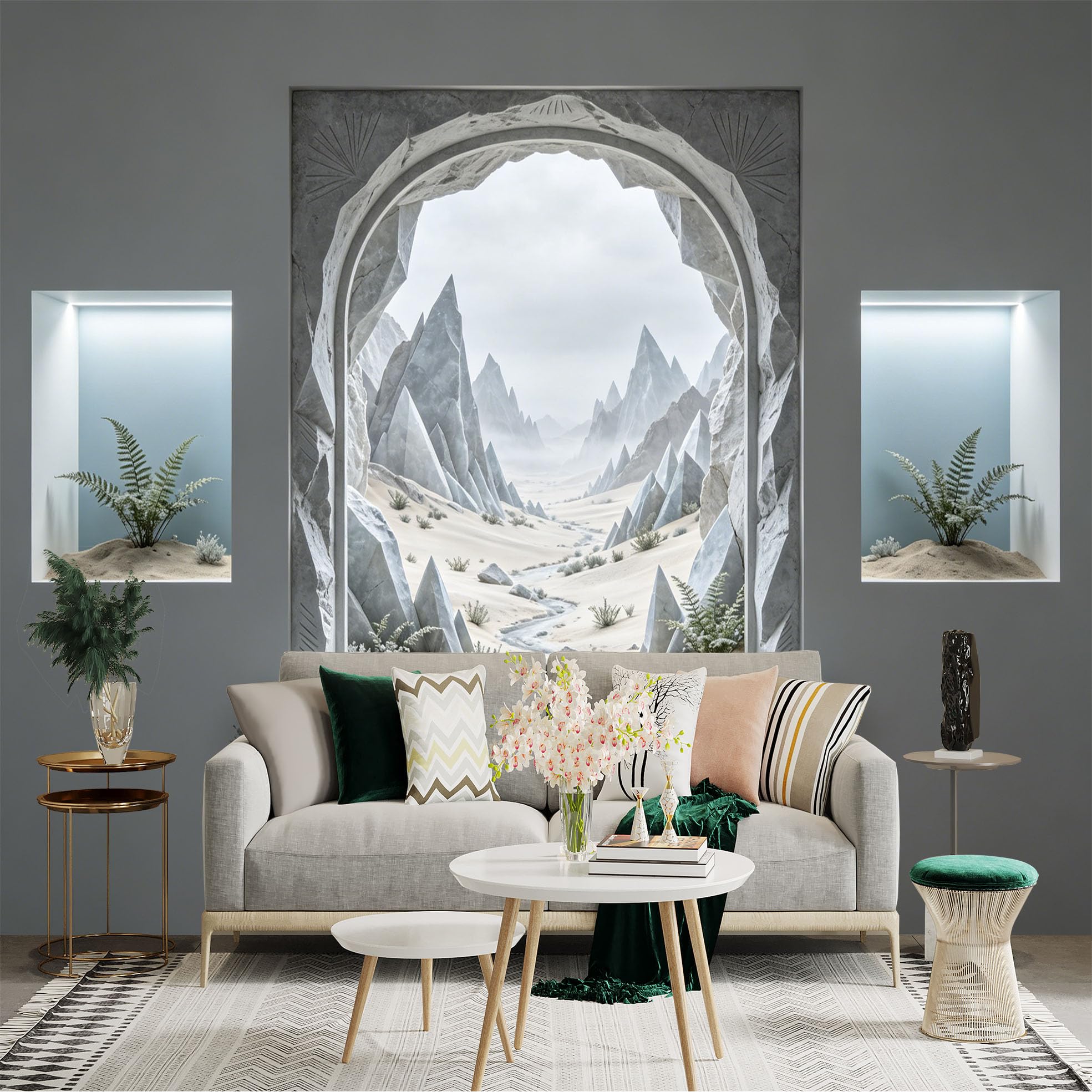 Custom Size Wall Sticker Mural， Dreamy Desert Landscape with Stone Arch and Misty Mountains， for wall Decoration， peelandstick wall Decals.