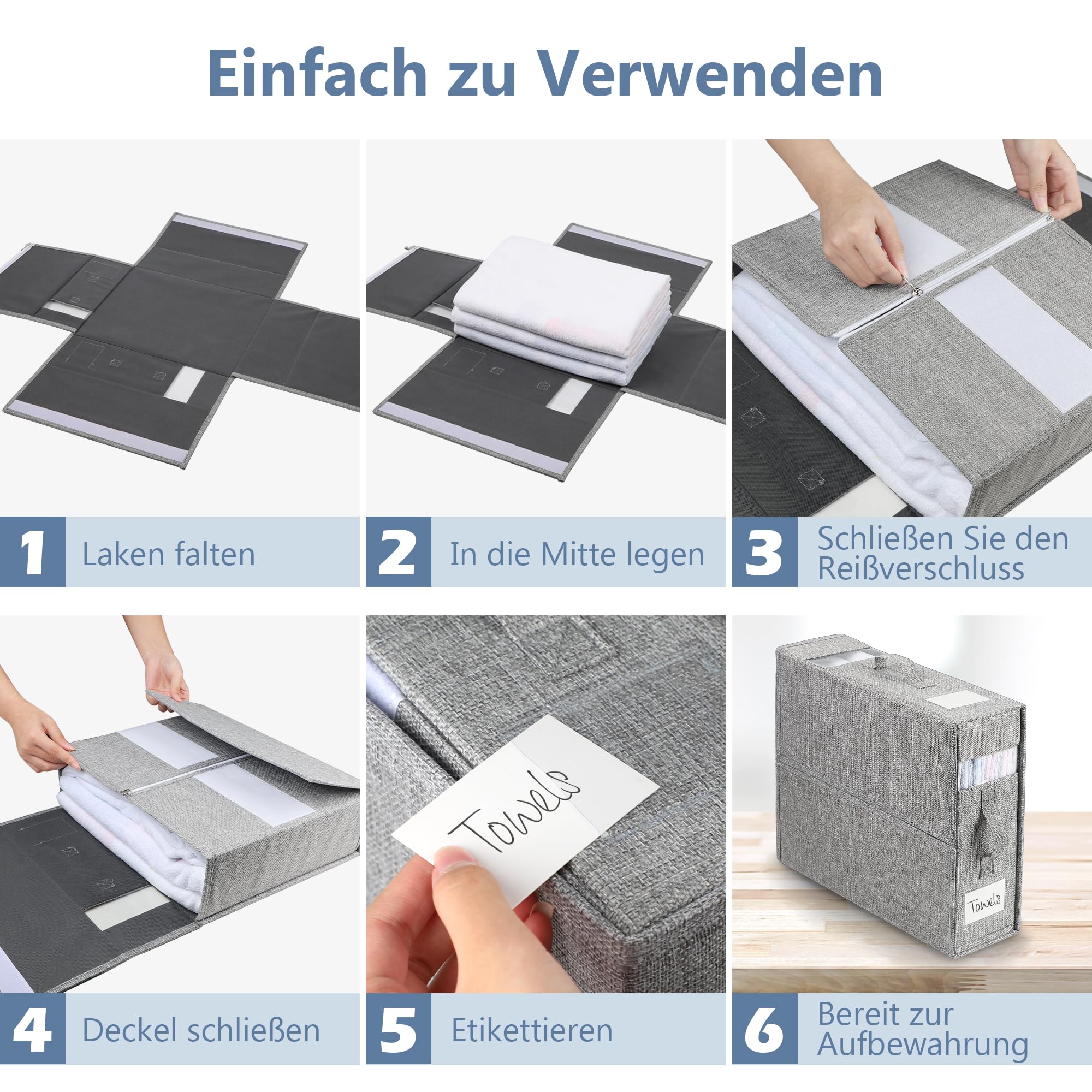 Aufbewahrungstasche für Bettlaken, 4 Stück Faltbare Bettwäsche Organizer, Praktische Lagerung von Bettwäsche und Decken für King & Queen Size Betten, Grau