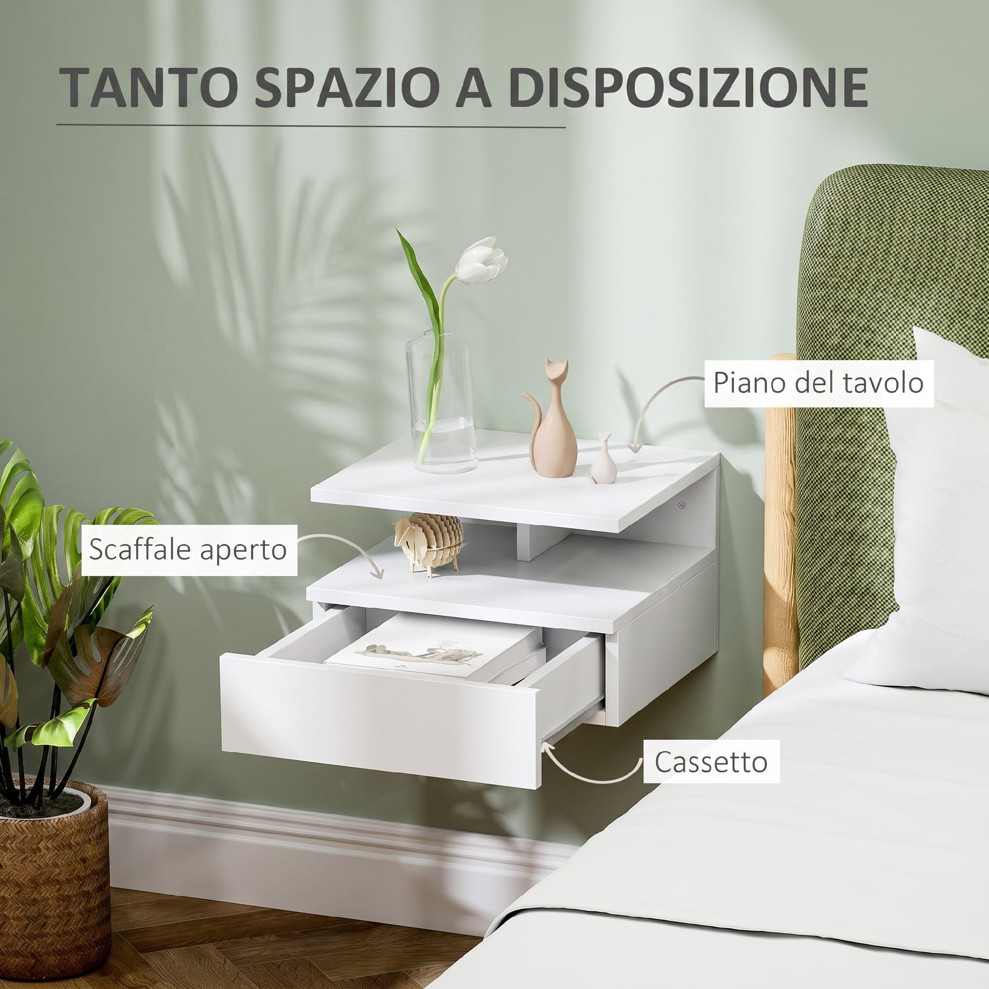 HOMCOM Comodino Sospeso Salvaspazio 35x32x22.5cm Bianco