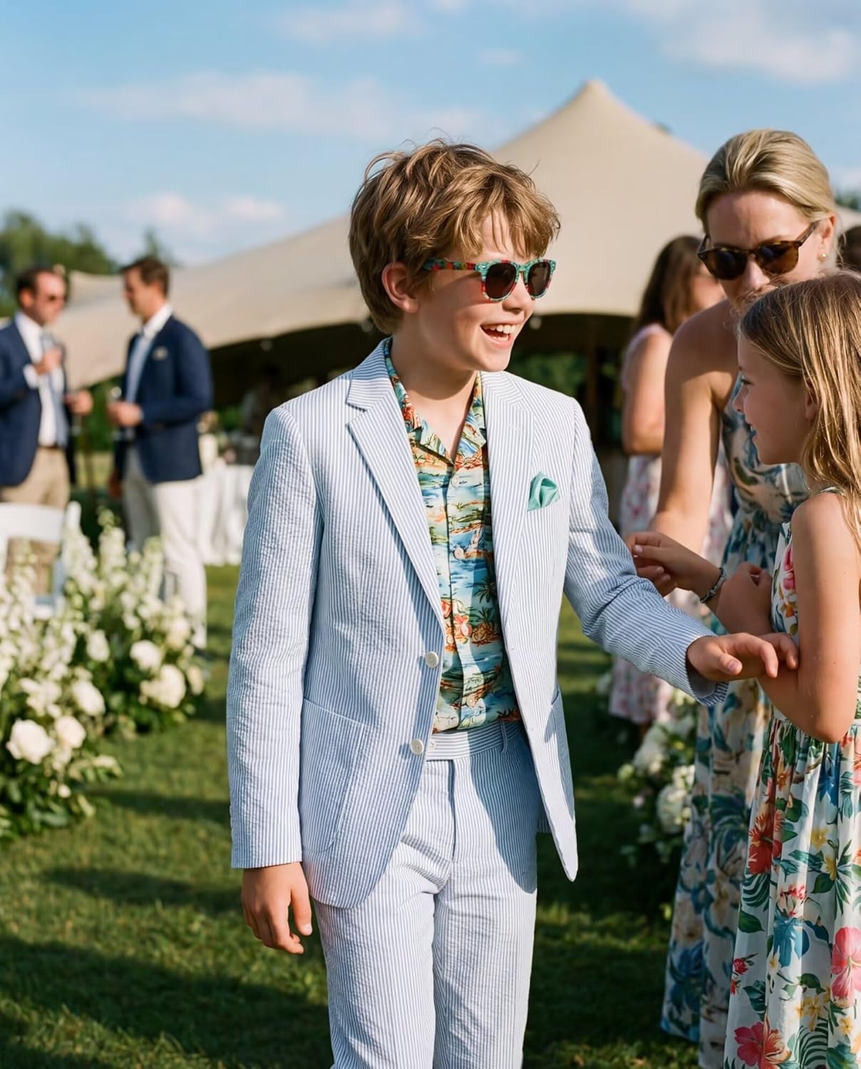 Seersucker Boys Suit 2 Piece Slim Fit Boy Suits for Kids Tuxedo Striped Jacket Blazer Pants Set for Beach Wedding Prom Outfit