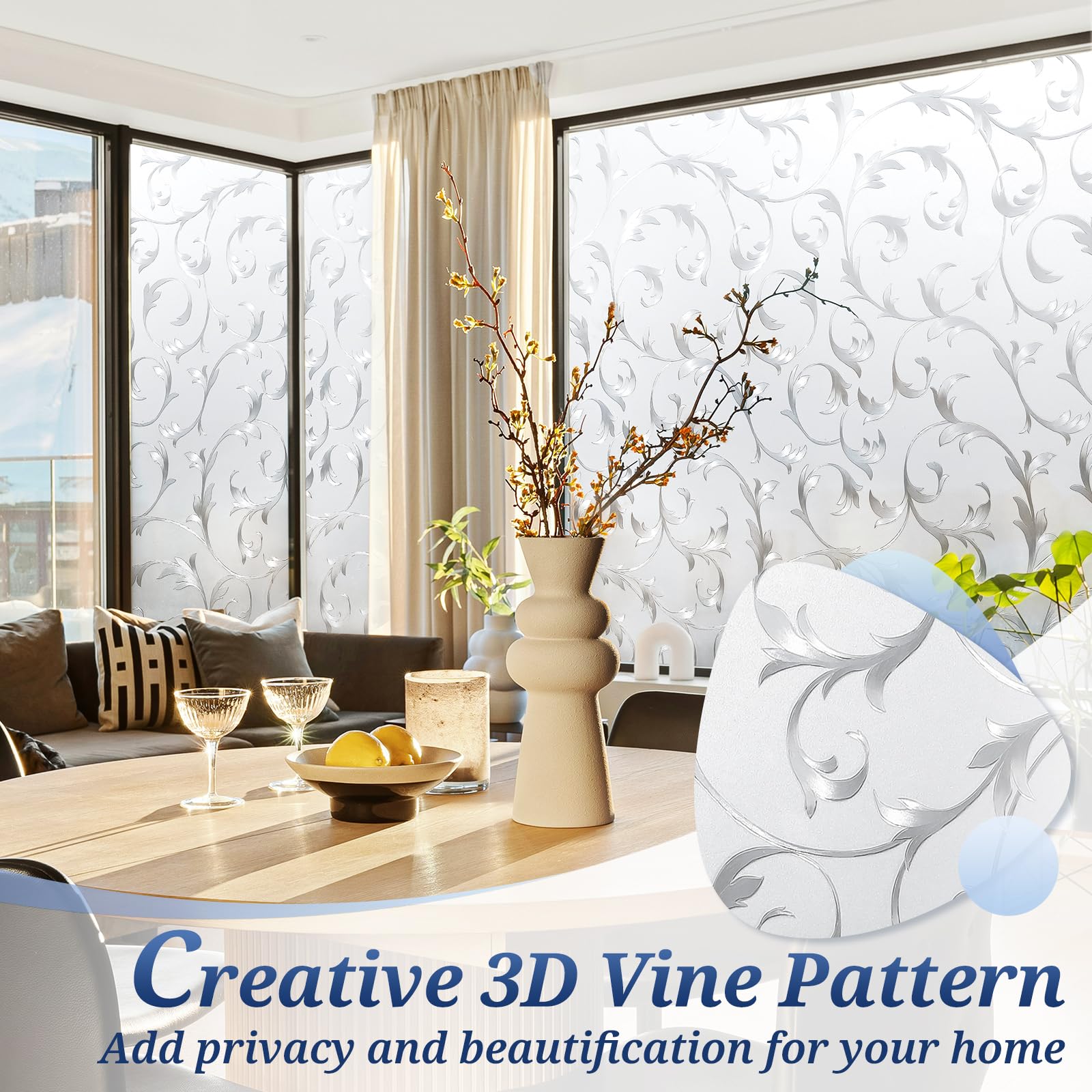 rabbitgoo Pellicola Per Vetri Finestre-3D Fiore Decorativa,Autoadesive,Anti-UV, 90x200cm