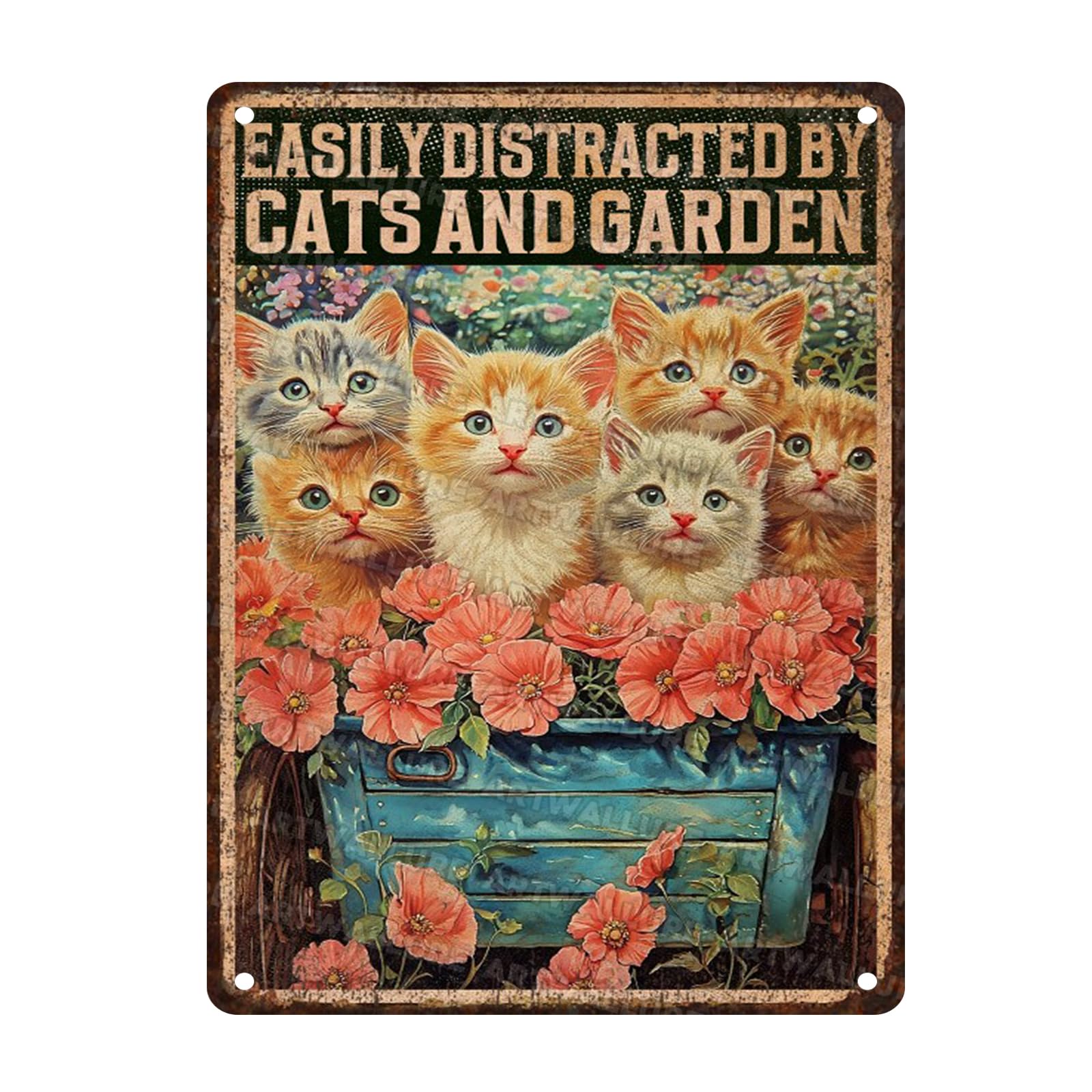 Garden Cat Vintage Tin Sign Easily Distracted By Cats And Garden Metal Sign for Home Living Room Kitchen Bedroom Office Hotel Cafe And Pub Decoration 12x16inch