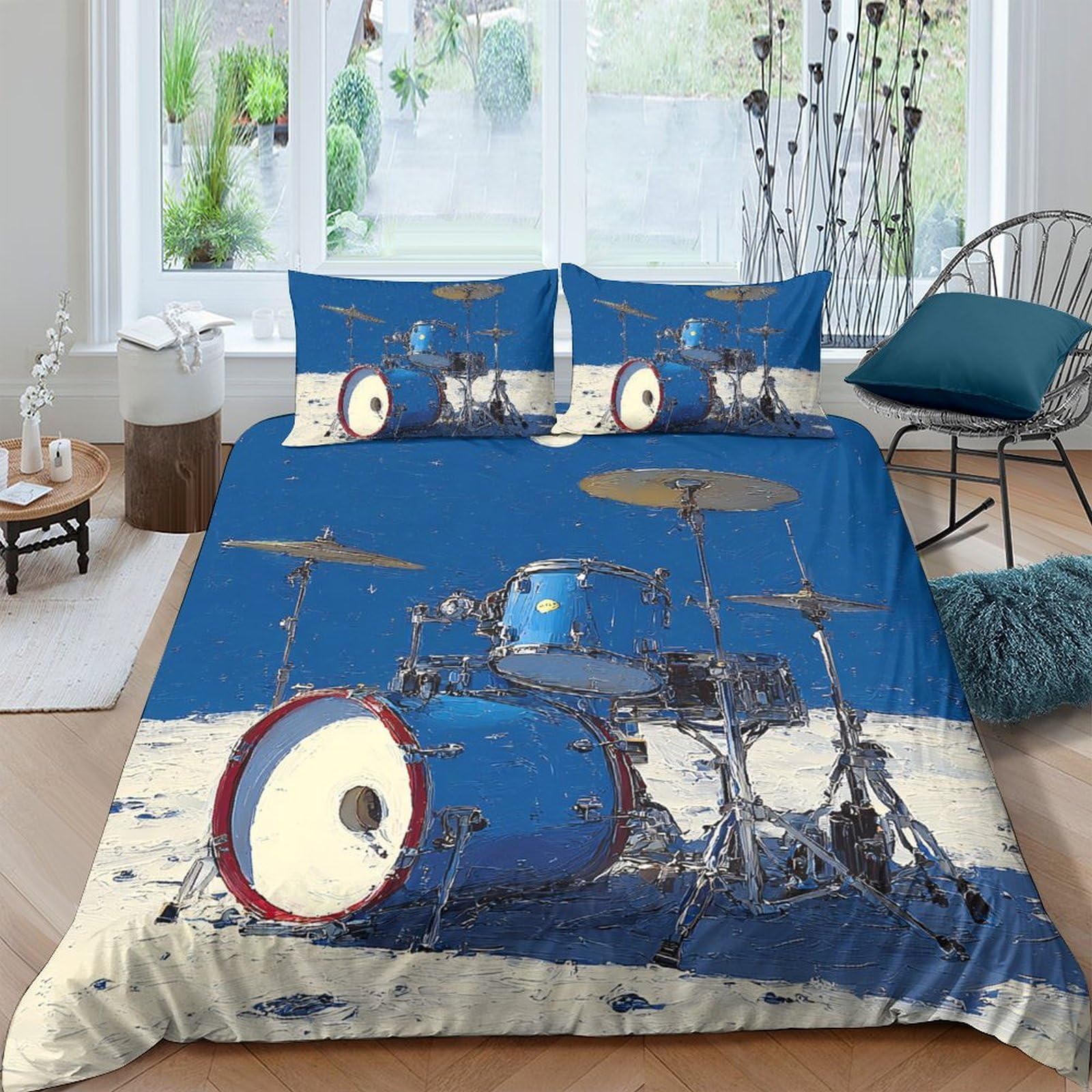 Ctjqhvkz Style-10 3D Printed Blue Drum Kit Fitted Sheet Microfiber Soft Music Band Mattress Cover For Bedroom Dorm Rental Decor Single（135X200cm）