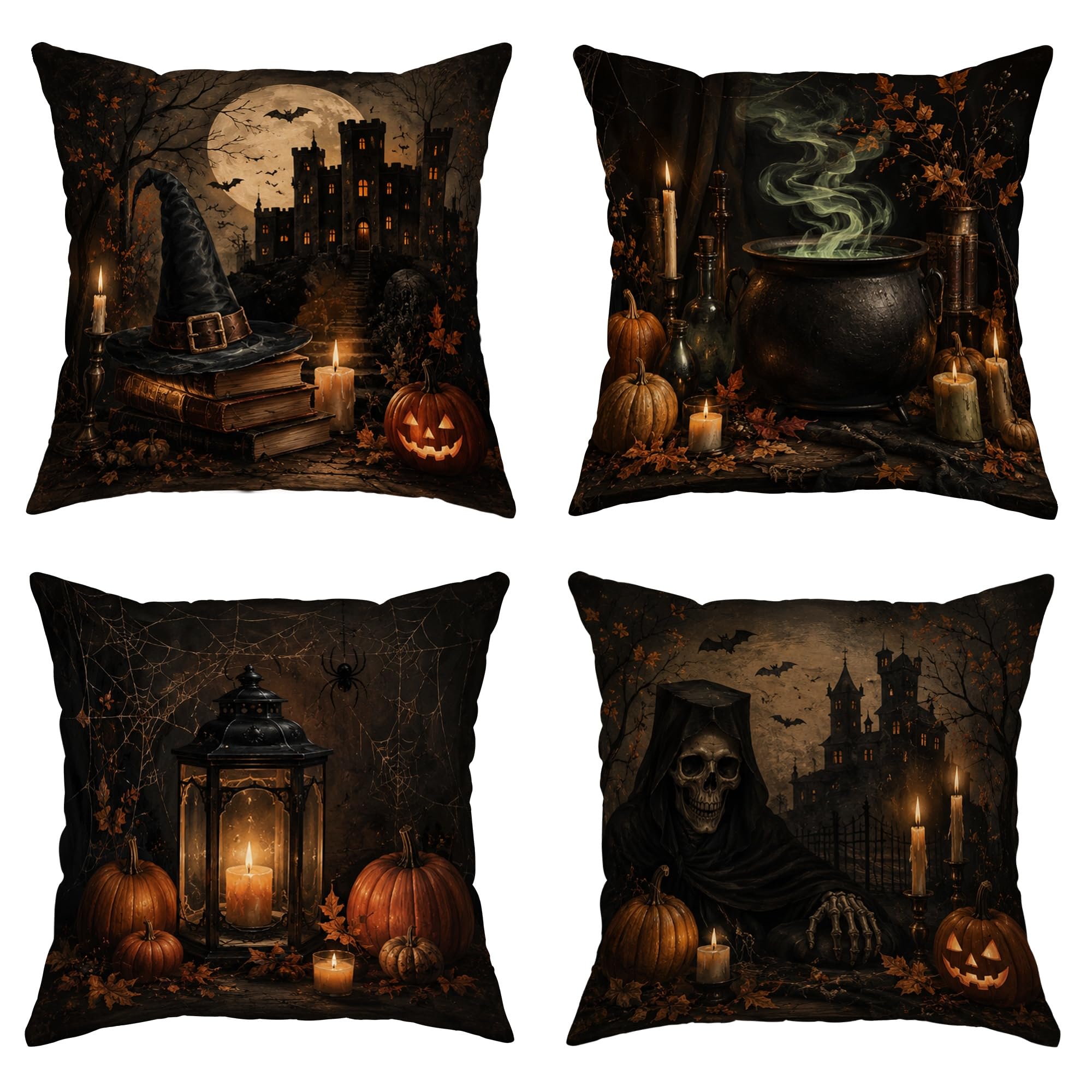 Housses de coussin citrouilles et chaudron d'Halloween | Finition haut de gamme