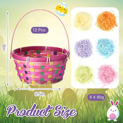 Miniatura 2 de 12 cestas de bambú de Pascua con asa y hierba de papel de rafia de 16.93 oz, cesta de Pascua tejida a mano para caza de huevos, picnic y recuerdos