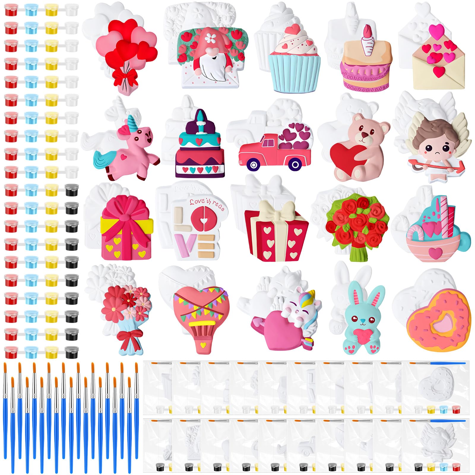 JellyArch 20 Set Valentine's Day DIY Painting Kit Ceramic to Paint Your Own Heart Bear Gnome Statues Unpainted Plaster Figurines Brushes Acrylic Paints Bags Party Favor for Adults