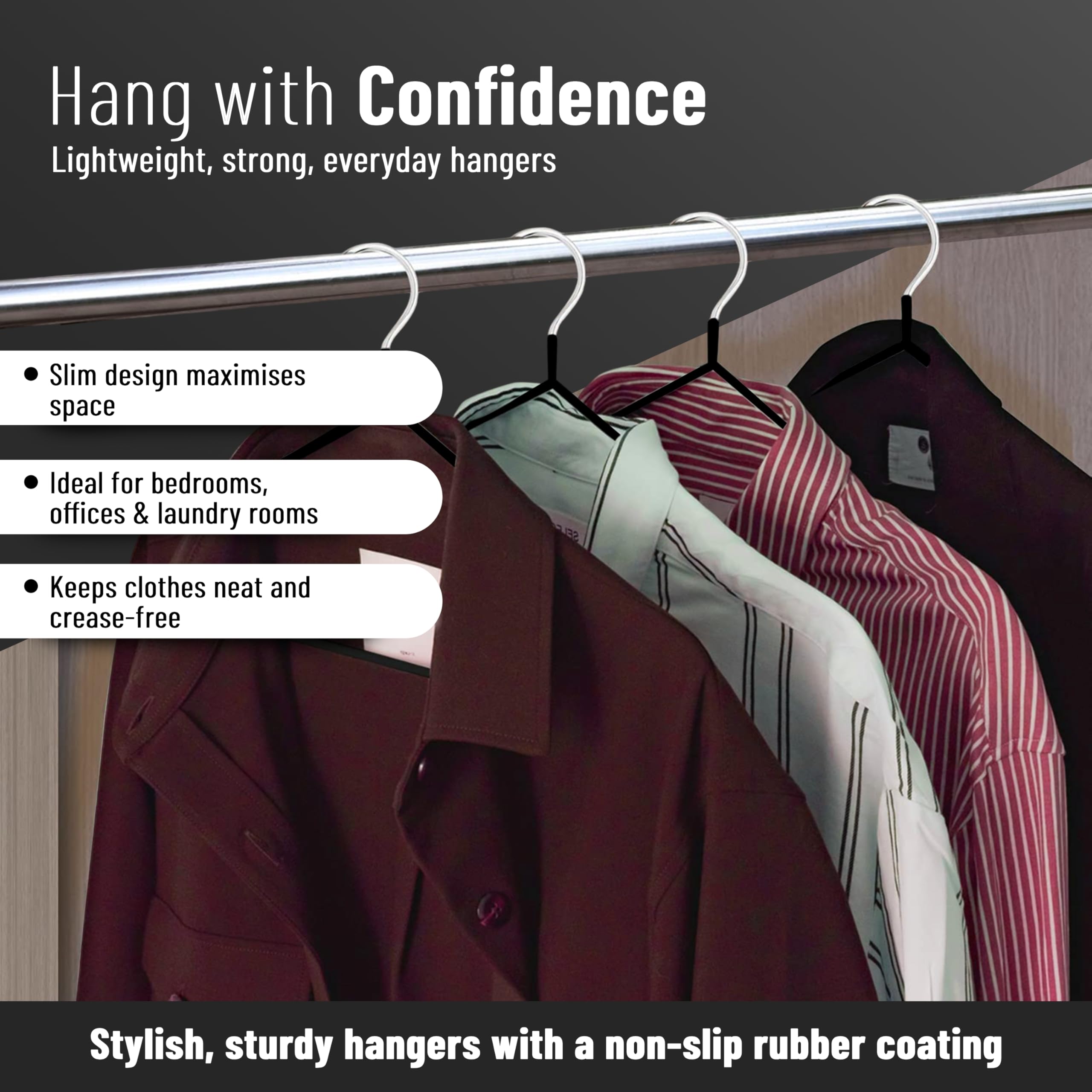 H-line Metal Hangers (20) Rubber Coated Heavy Duty Strong Clothes Space Saving Organiser Hangers For Wardrobes Coat Rack Rails & Closet Thin and Non-Slip Clothing Hanger (Black-20 Pack) - Image 4