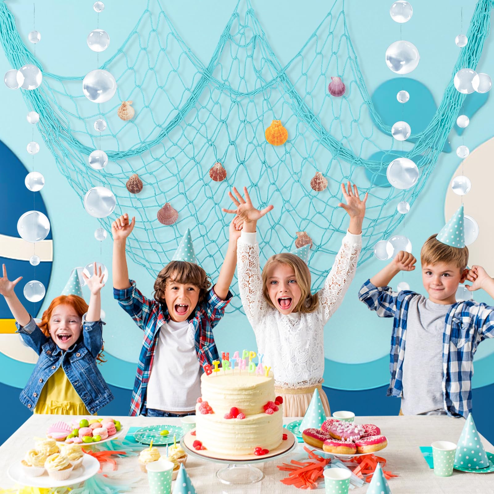 ZERODECO Rete da pesca, decorazione a rete naturale, decorazione per feste di mare, sirena, pirati, feste, matrimoni, feste di compleanno, rete da pesca con conchiglie, ghirlande a bolla, blu cielo