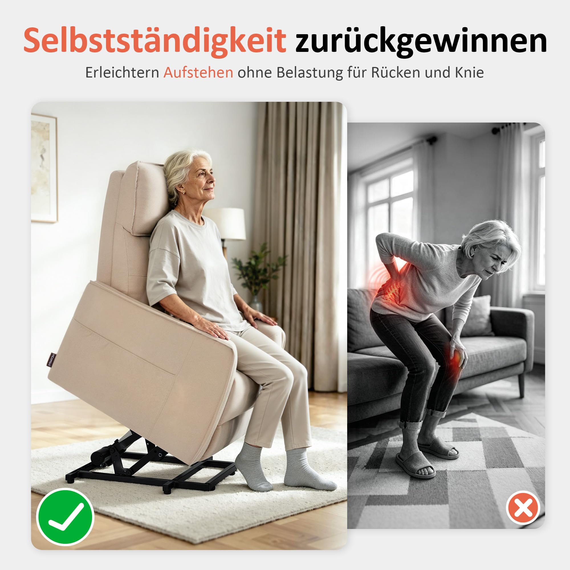 MCombo M Poltrona TV con Alzata Elettrica, Poltrona TV con funzione reclinabile fino a 135°, Massaggio & Riscaldamento, piccolo alzapersona, poltrona senior per soggiorno 7027 (Beige)