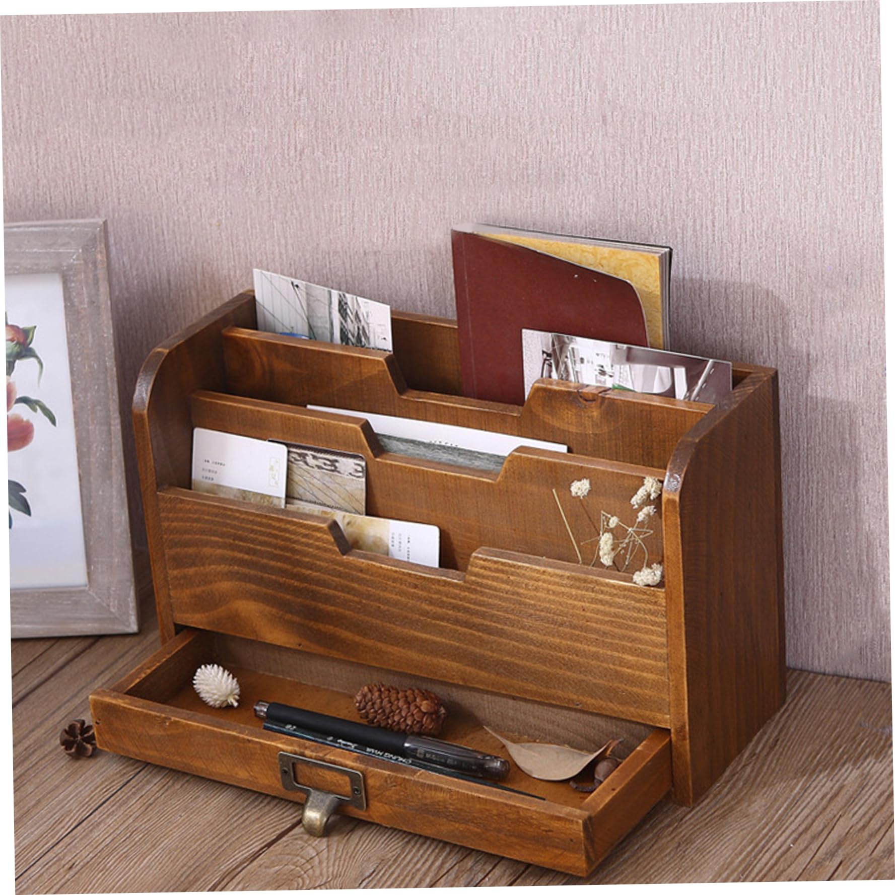 Portalettere, portalettere in legno a 3 scomparti con cassetto, organizer da scrivania marrone retrò per cartelle, posta, buste.