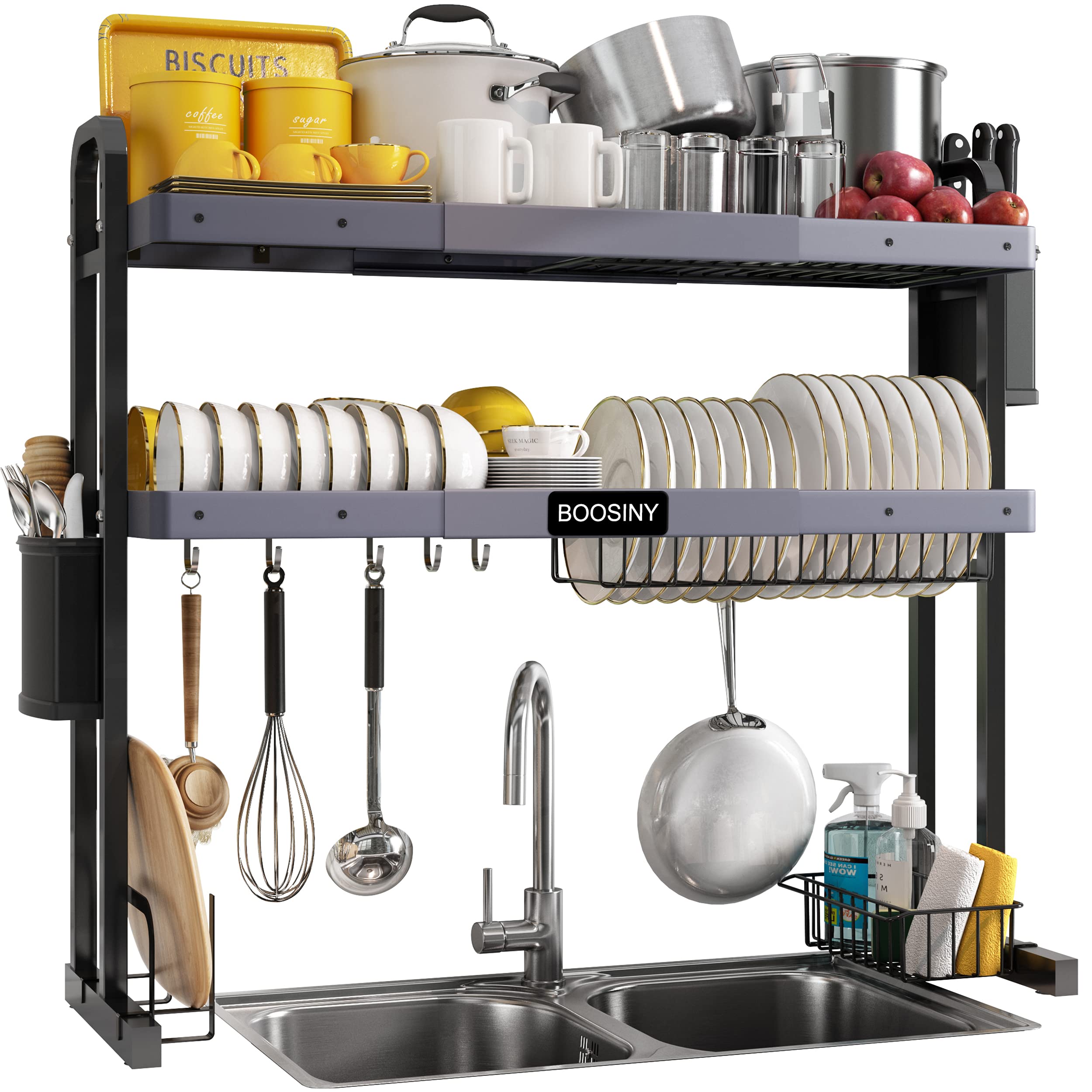 Over The Sink Dish Drying Rack, 2 Tier Stainless Steel Large Adjustable Kitchen Dish Drainer, Home Storage Organizer Shelf Above Counter with 6 Hooks