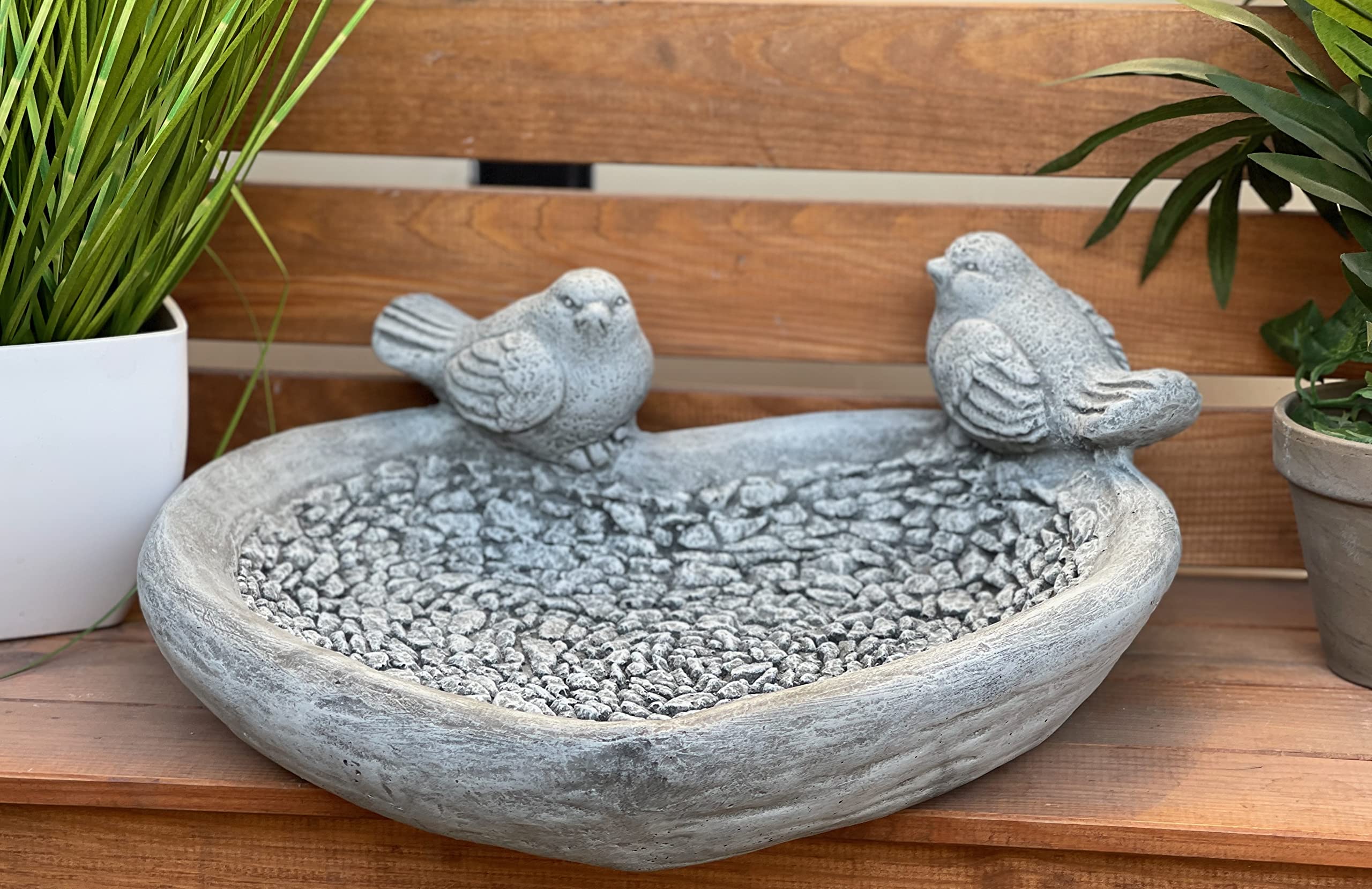 stoneandstyle Bebedero para pájaros XL con 2 pájaros, piedra fundida, resistente a las heladas, para invierno, 13 x 34 x 34 cm