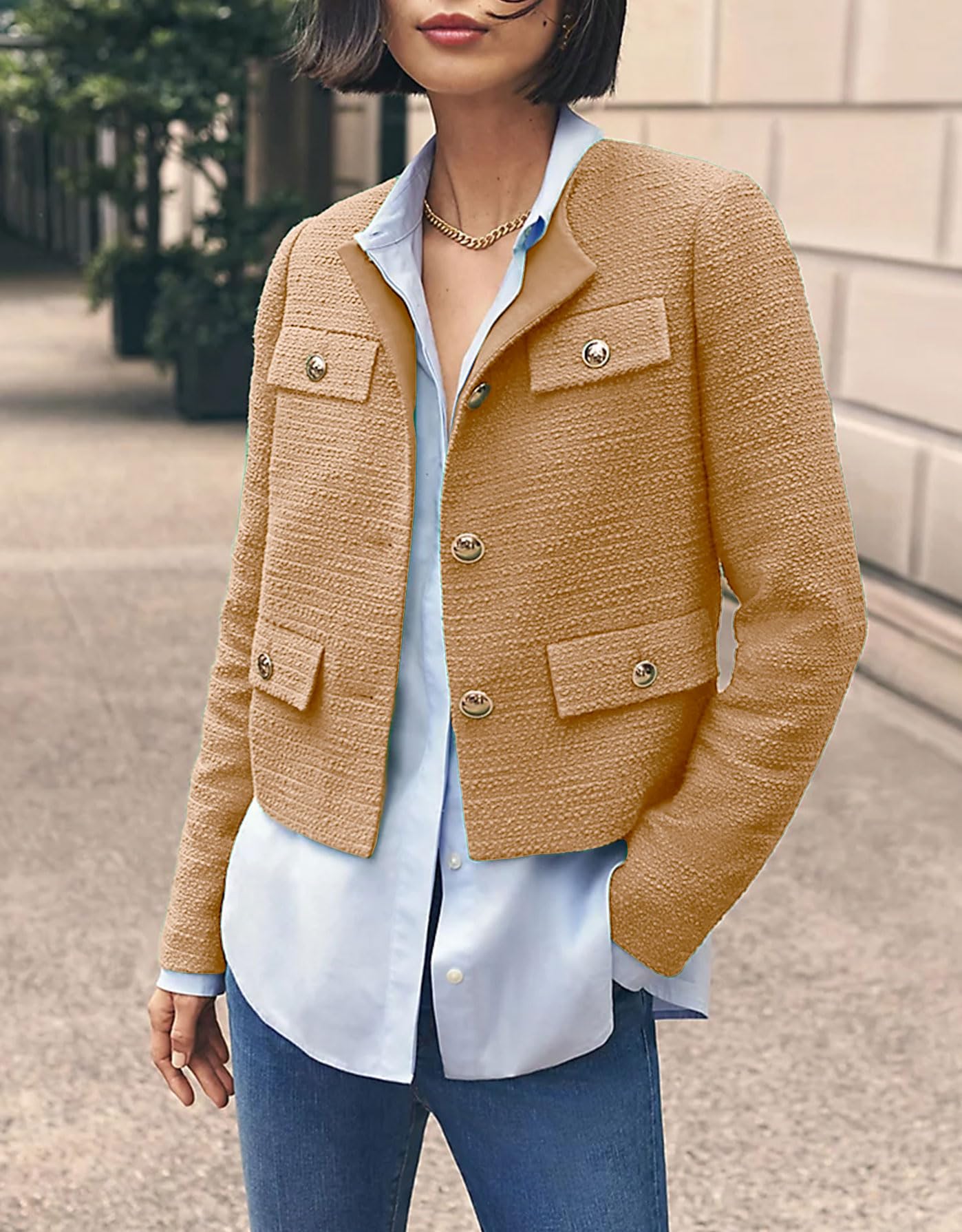 YEXPINE Tagliato Tweed Blazer Giacche per Le Donne Elegante Sottile Senza Colletto Abiti Casual Affari