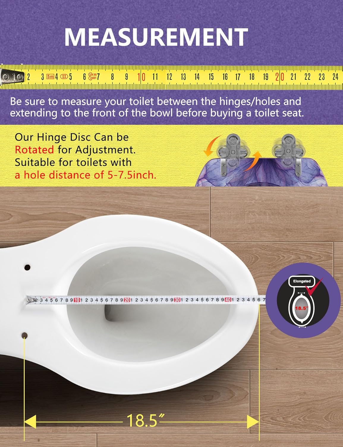 Elongated Resin Toilet Seat Purple Bathroom Decor, Slow Quiet-Close Lid and Seat Heavy Duty for Standard Toilets, Easy Installation & Cleaning (19 Inch,Purple Petals,Upgraded hinge)