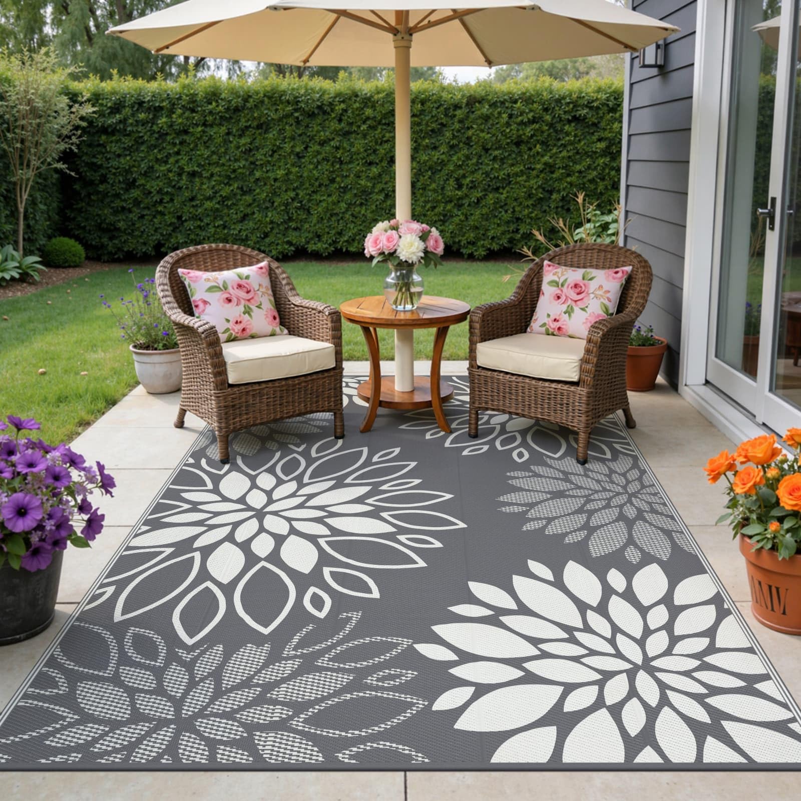 SHACOS Outdoor Rug 180 x 270 cm Large Reversible, Garden Rug Waterproof Patio UV Resistant Lightweight, Plastic Straw Mat for Patio Balcony Camping Backyard Beach, Flower, Grey โ image 1