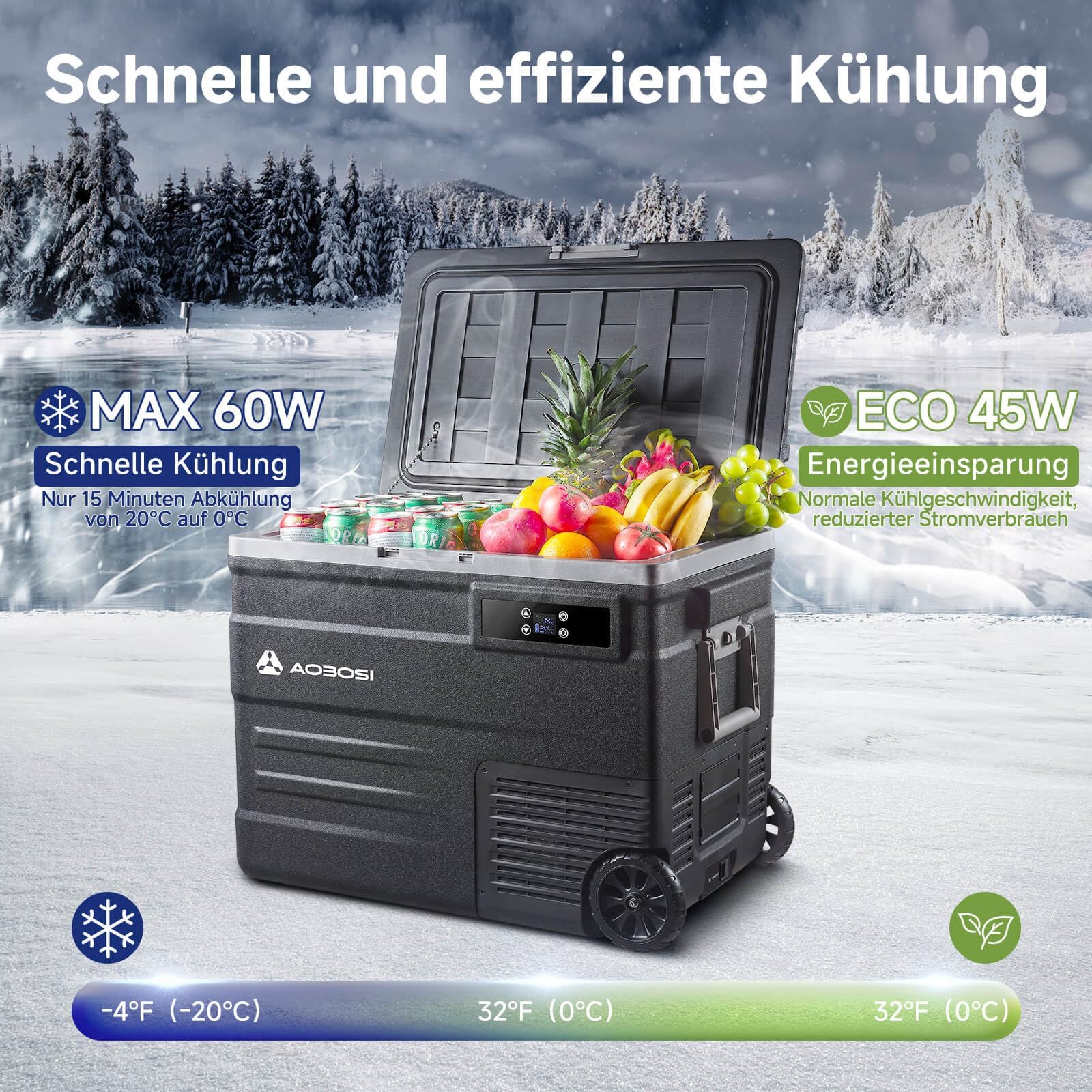 AAOBOSI 55L Kompressor Kühlbox, APP, LED, -20°C bis 20°C, 12/24V & 100-240V, mit Rädern