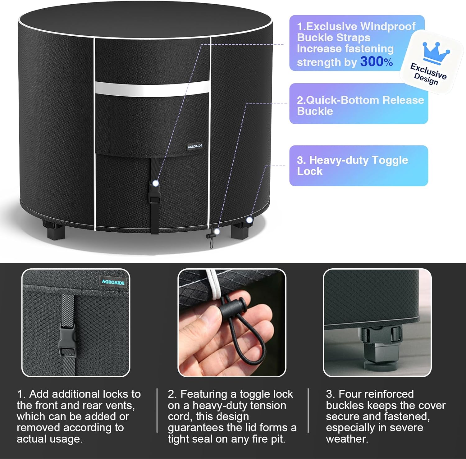 Fire Pit Cover Round Super Waterproof, 44" D X 24" H [600D Diamond Texture Fabric] Strong Tear Resistant, UPF 50+ Fire Pit Covers Premium Fading Resistant for Outdoor Fire Pit Table- Black