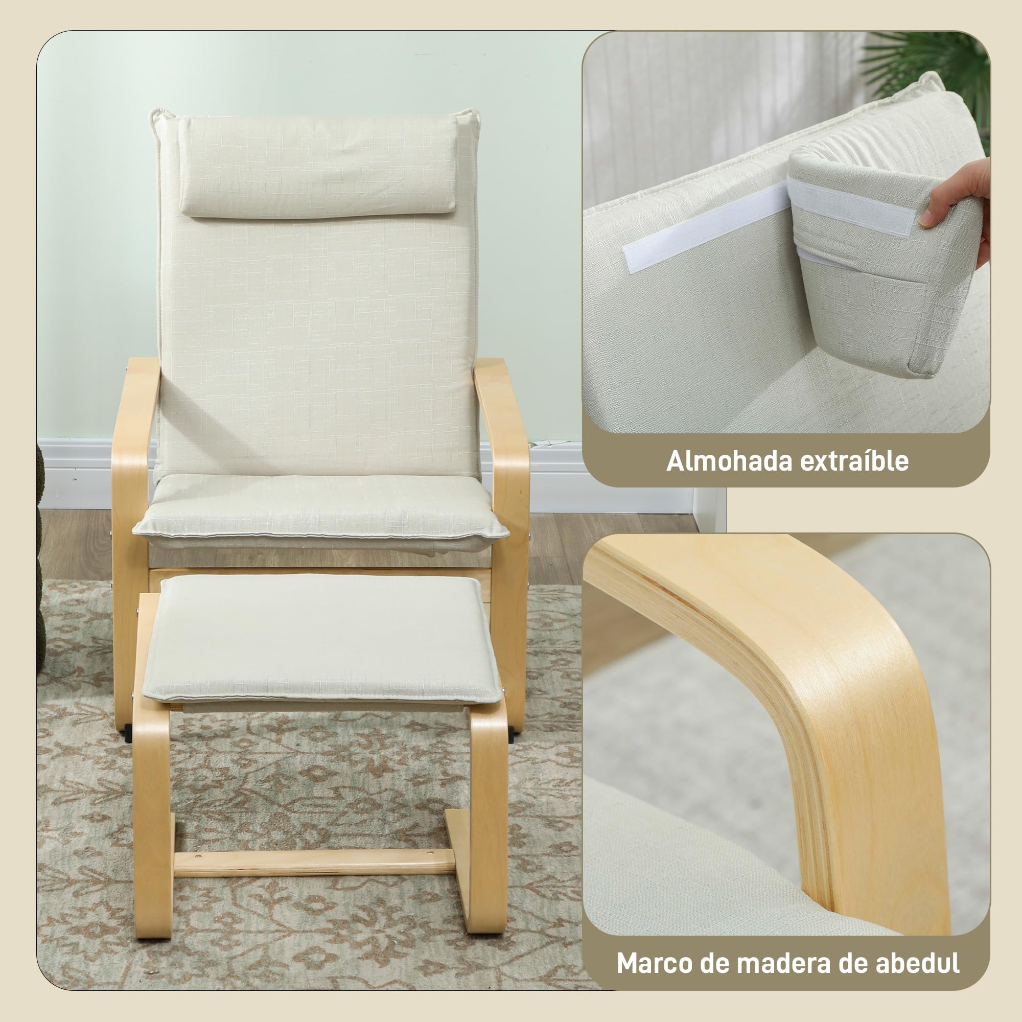 HOMCOM Sillón con Reposapiés Sillón Lectura con Respaldo Alto Reposacabezas Extraíble Patas de Madera y Tapizado en Lino Butaca para Salón Dormitorio Oficina Crema