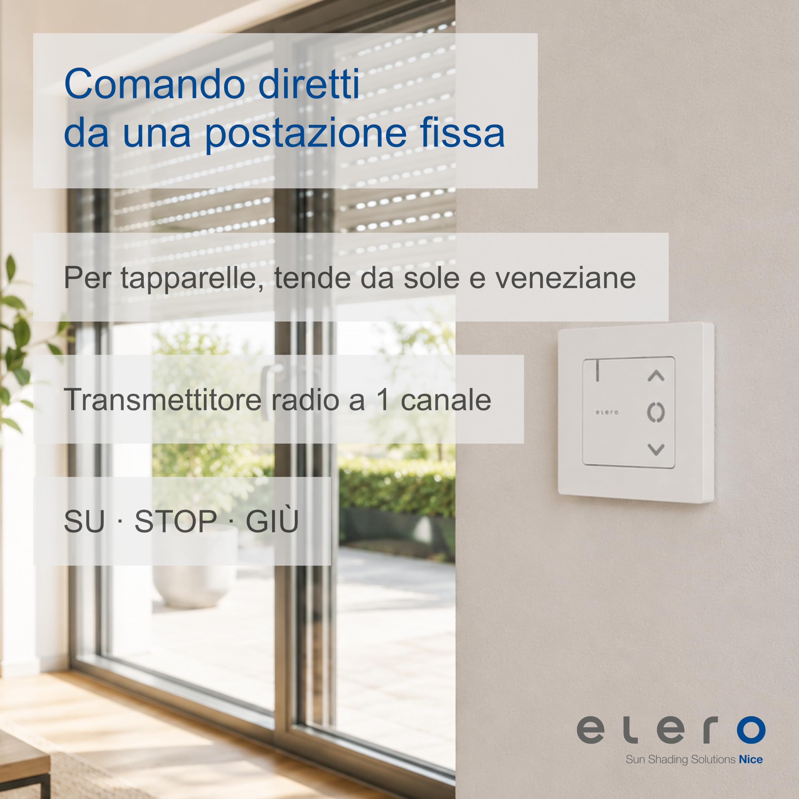 elero MonoSon W-868 - Trasmettitore radio da parete, bianco, 1 canale, bidirezionale, 868 MHz, indicatore di stato LED, fissaggio a parete e batteria per tapparelle, tende da sole, tende da sole