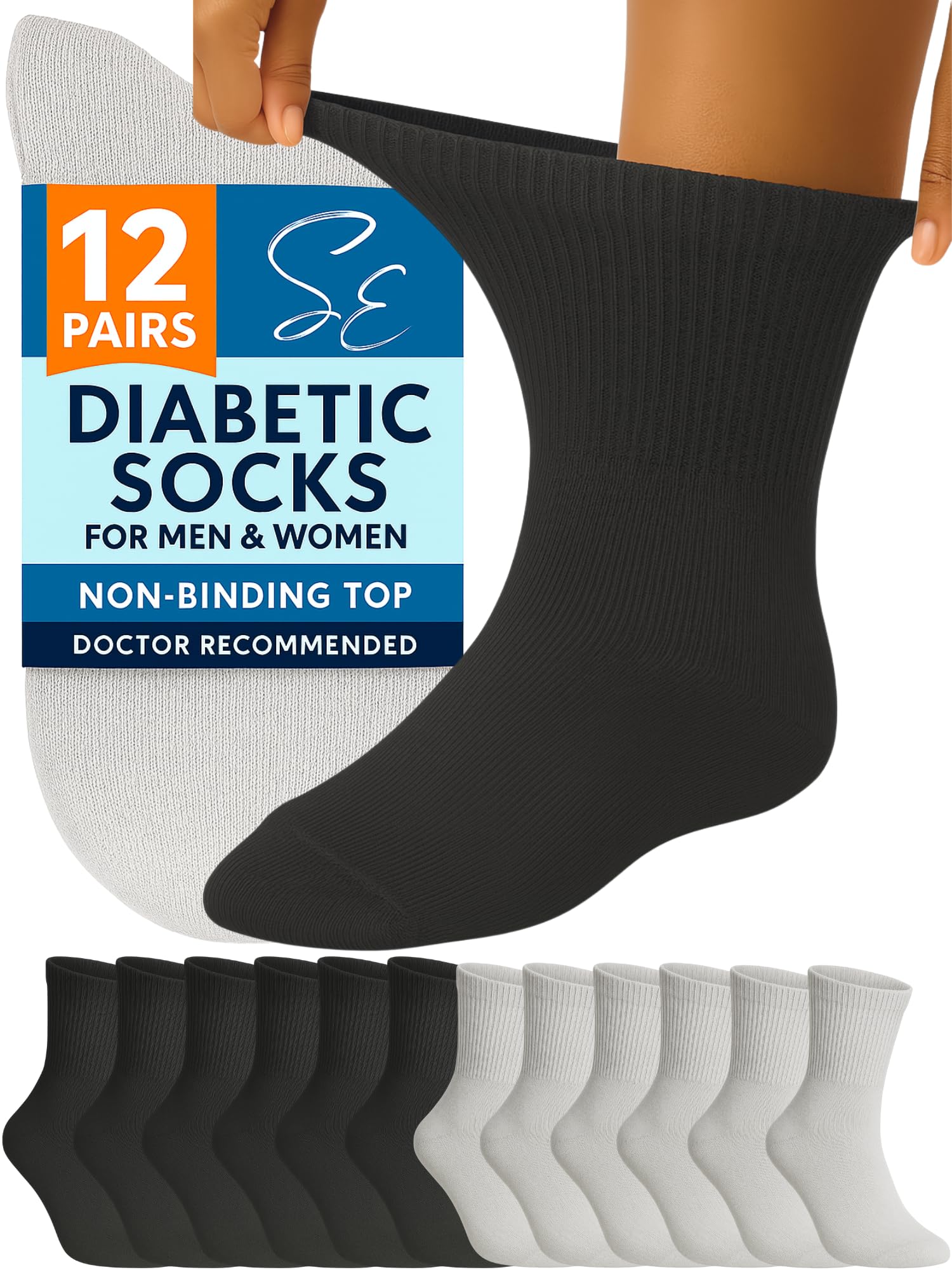 Special Essentials Diabetic Socks for Men Women 12 Pairs of Non-Binding Moisture-Wicking Neuropathy Socks Ankle Length