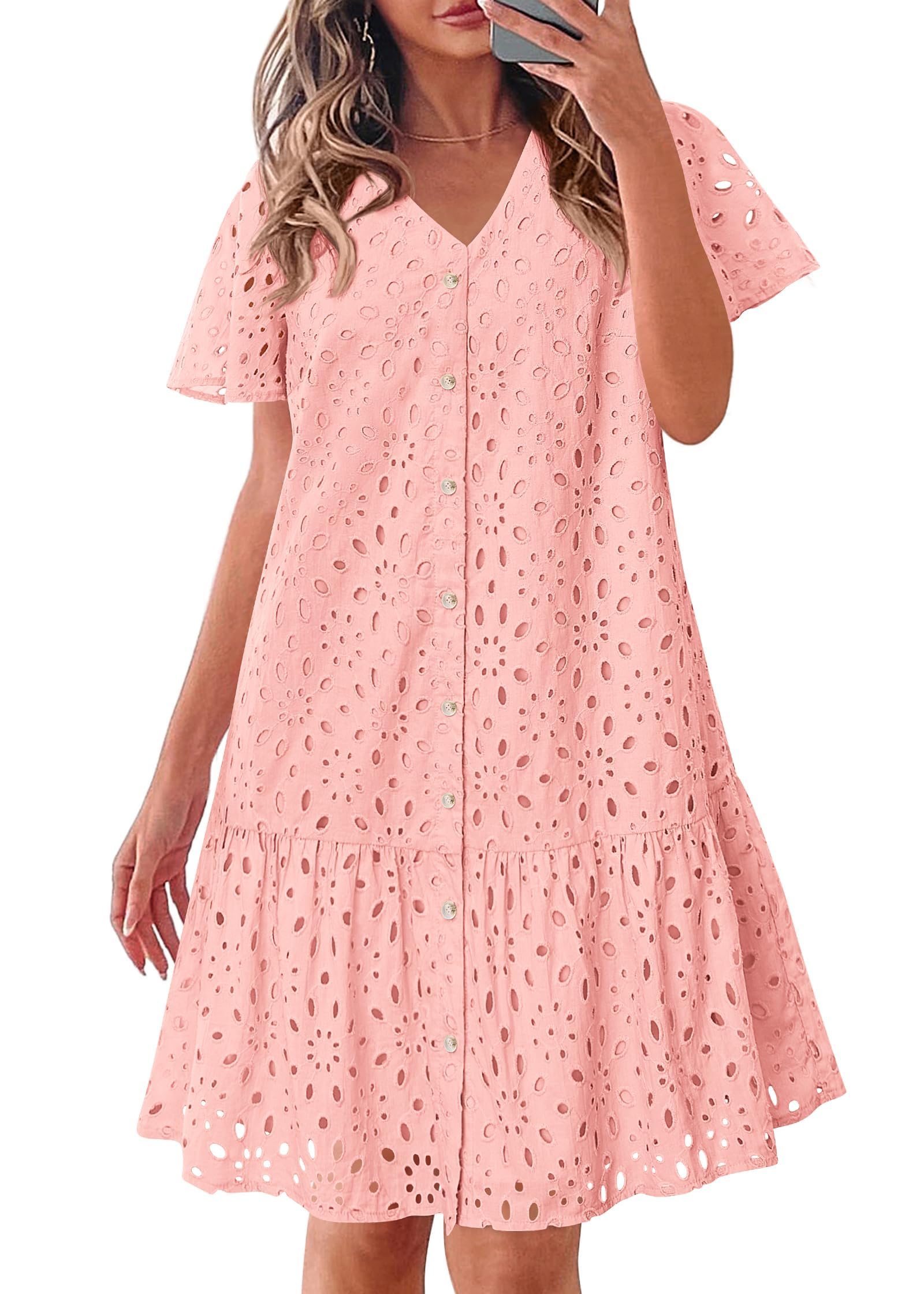 KIRUNDO Summer Dresses for Women 2025 Eyelet Button Down V Neck Short Sleeve Hollow Out A Line Loose Mini Babydoll Dress