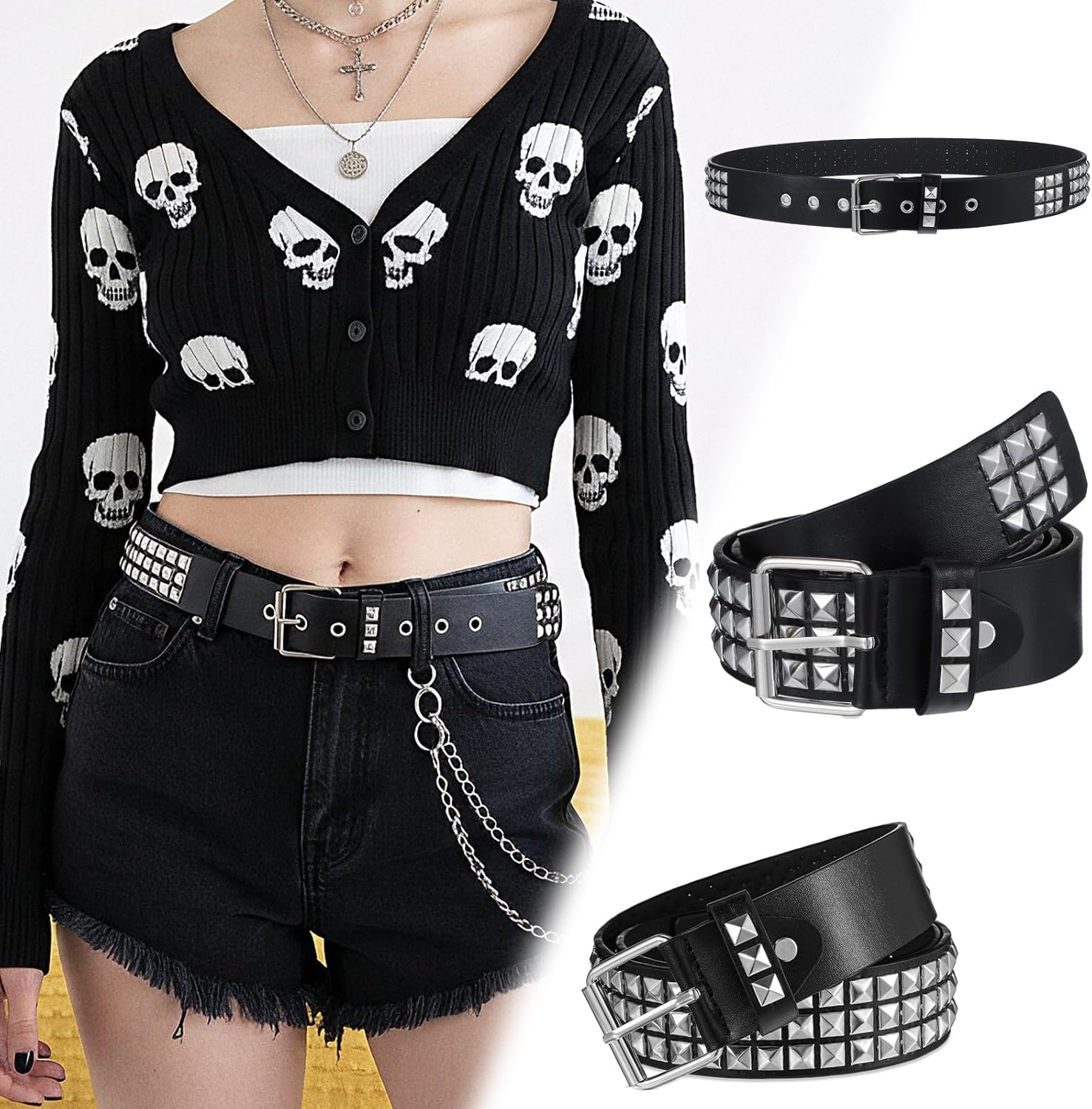 Black Studded Belt, Metal Punk Rock Rivet Belt with Bright Pyramid Studded, Y2k Accessories, Women Fashion Leather Belts, Ladies Belts for Jeans Dress Pants - Image 5