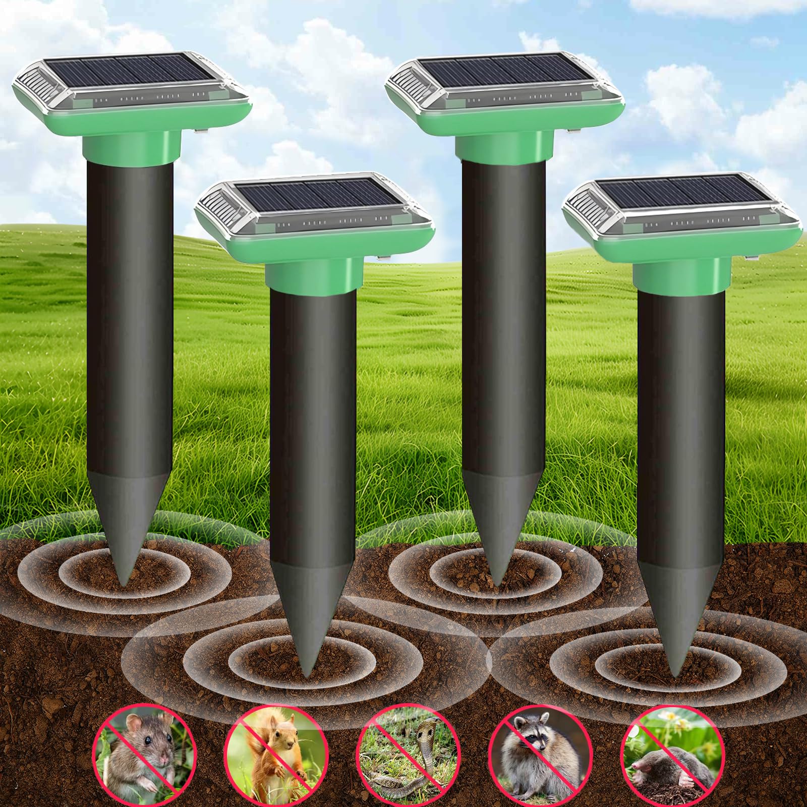 Solar Ultraschall Maulwurf Vertreiber, Maulwurf Vertreiber Testsieger, 4 Stück Maulwurfschreck, IP66 Wasserdichter Maulwurf Vertreiben für Abwehr von Wühlmaus Vertreiben und Erdhörnchen in Rasen