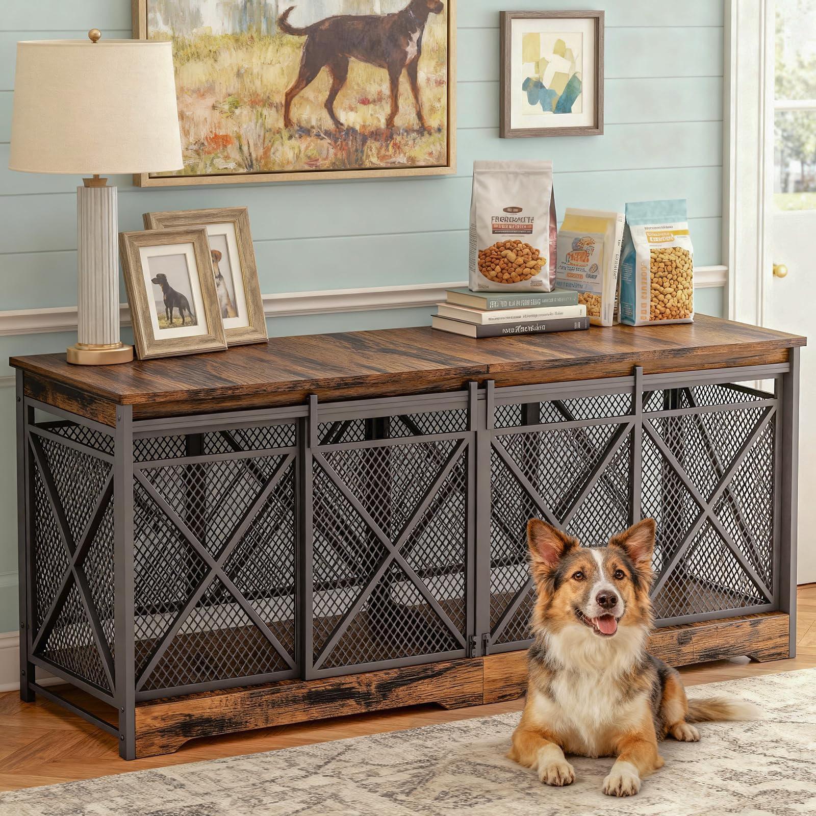 COZPAW 78 Double Dog Crate Furniture Caramel Brown