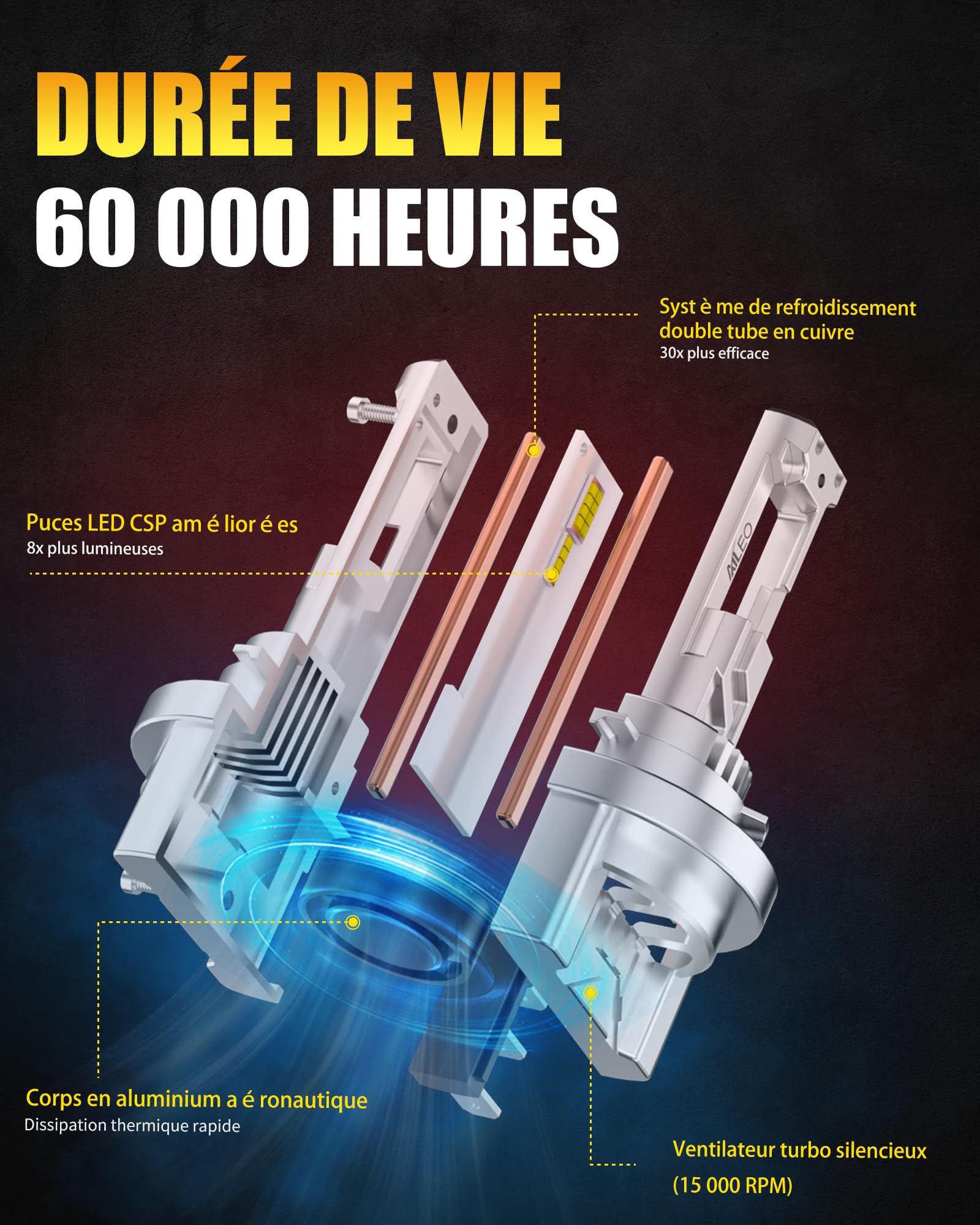 Ampoules LED H15 6500K Blanc Froid 24000LM 100W, Feux de Route et Feux Diurnes, Plug & Play 9–48V, Remplacement Ampoule H15 pour Voiture, Phare à LED Auto, Lot de 2